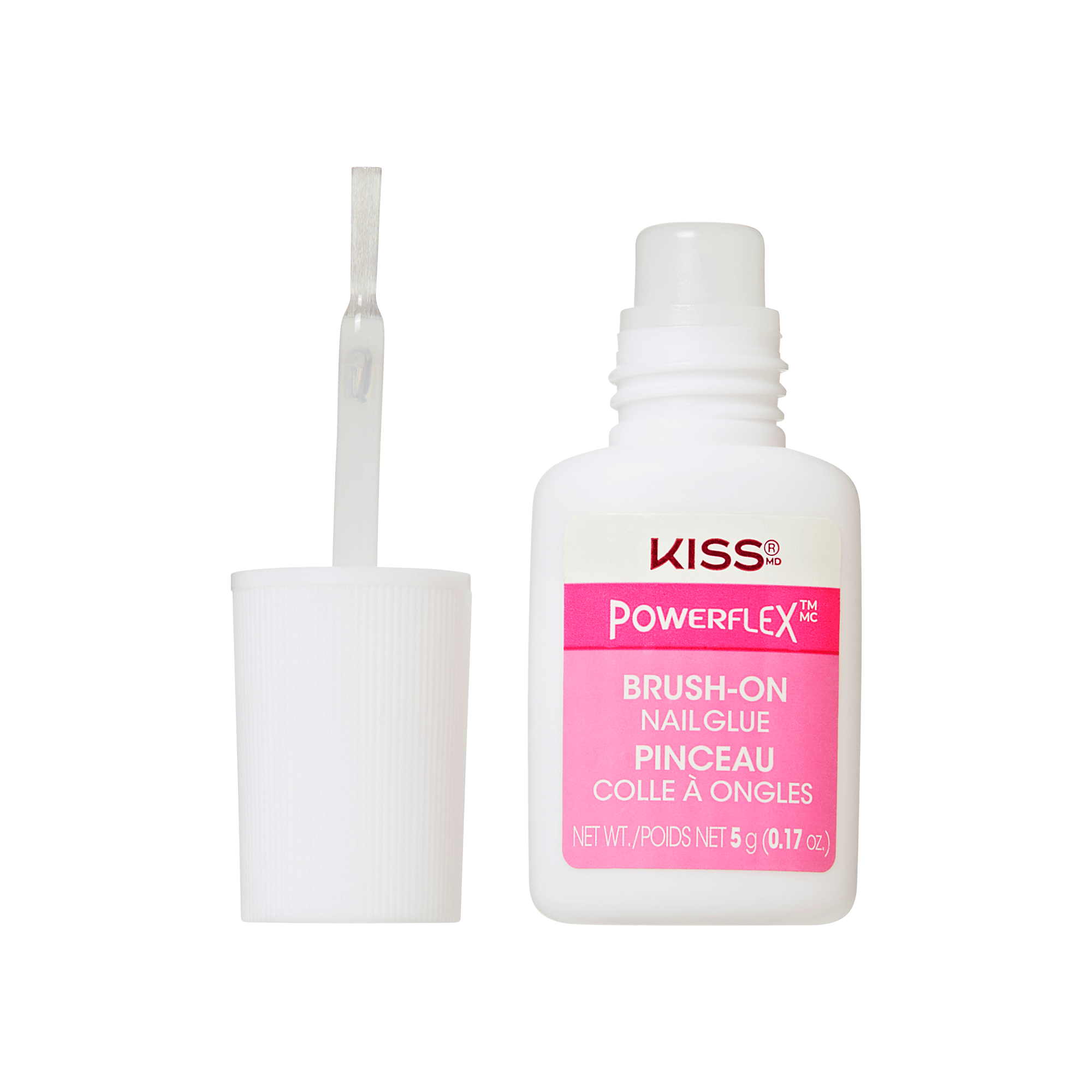 White bottle of KISS PowerFlex brush-on nail glue with pink label, showing open cap with attached brush applicator.
