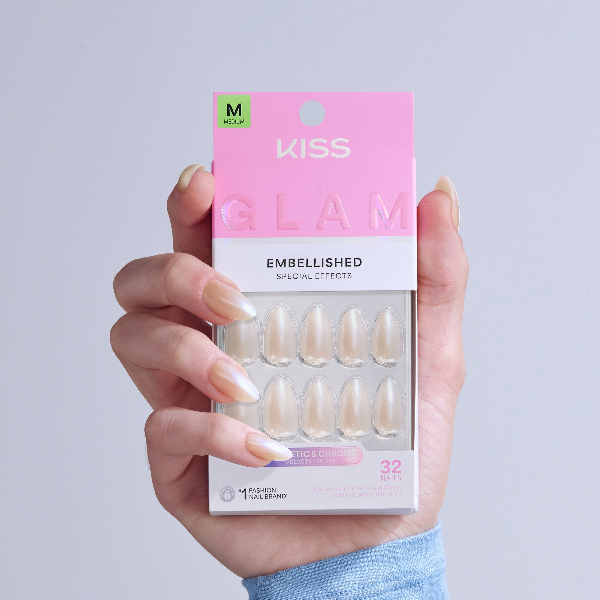 KISS Glam Embellished Medium fake nails in pearl with chrome finish, 32 count package.