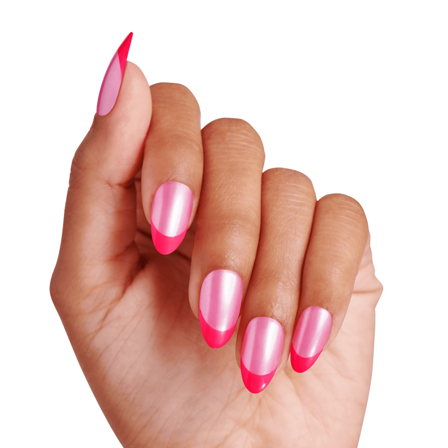 The image features a hand with elegantly manicured nails. The nails are shaped in a stylish almond form and are painted in a two-tone design. The base of the nails has a soft, iridescent pink finish, while the tips are adorned with a vibrant hot pink color, creating a striking contrast. The overall look is modern and chic, showcasing a playful yet sophisticated nail art style.