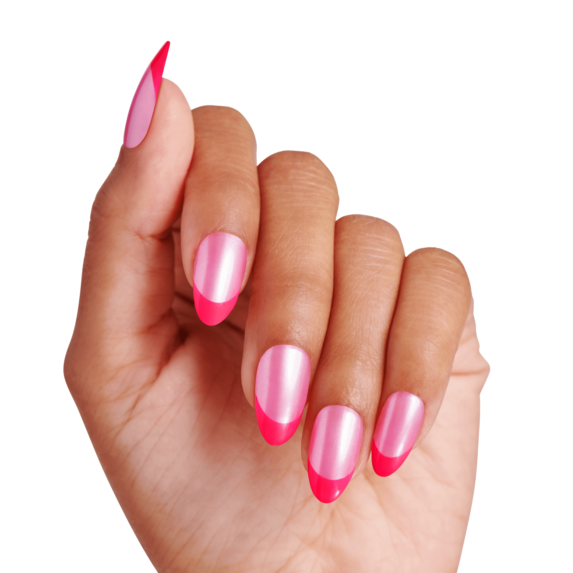 The image features a hand with elegantly manicured nails. The nails are shaped in a stylish almond form and are painted in a two-tone design. The base of the nails has a soft, iridescent pink finish, while the tips are adorned with a vibrant hot pink color, creating a striking contrast. The overall look is modern and chic, showcasing a playful yet sophisticated nail art style.