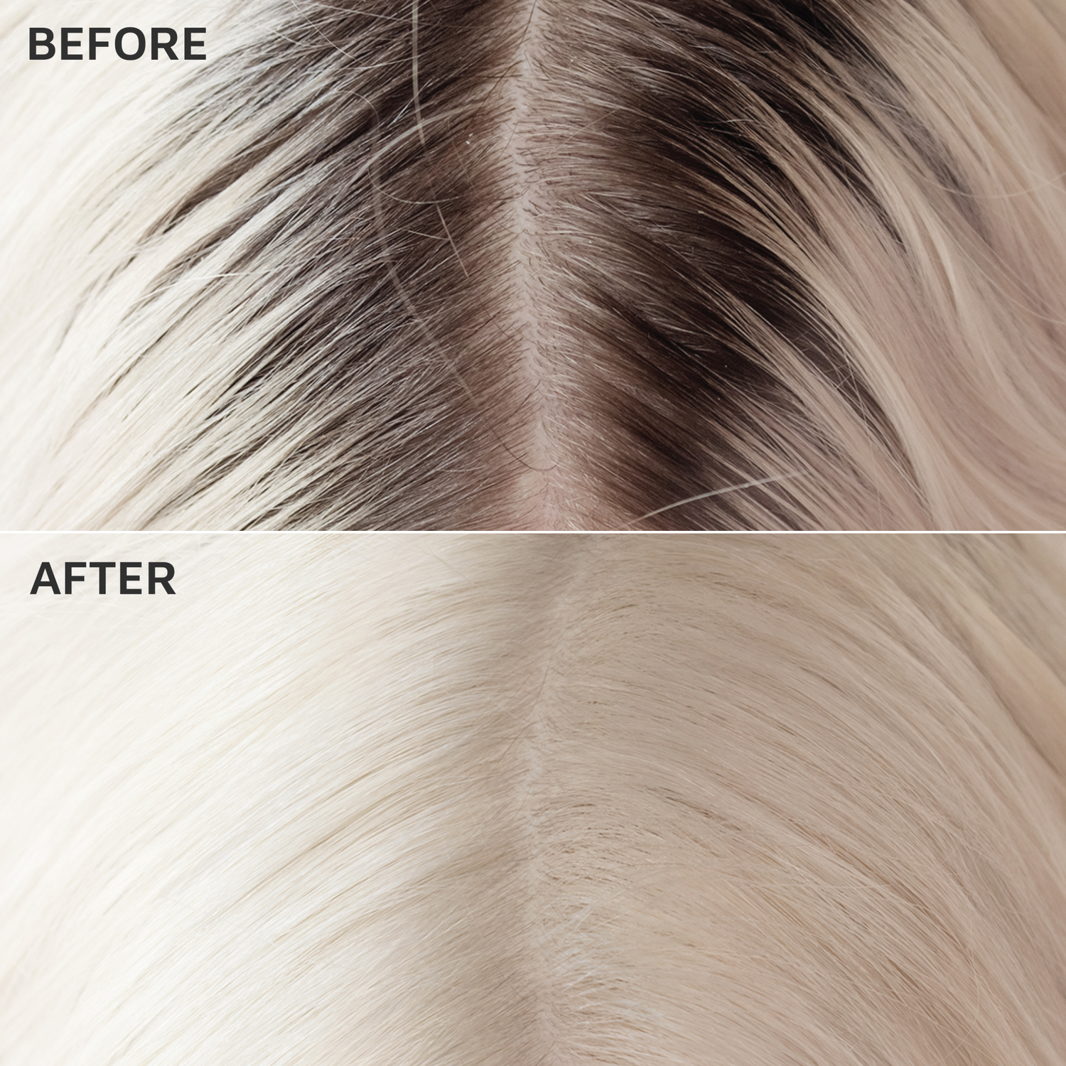 Close-up comparison of hair roots before and after using KISS Root Touch Up Bleach Application Kit, showing darker roots turned light blonde.
