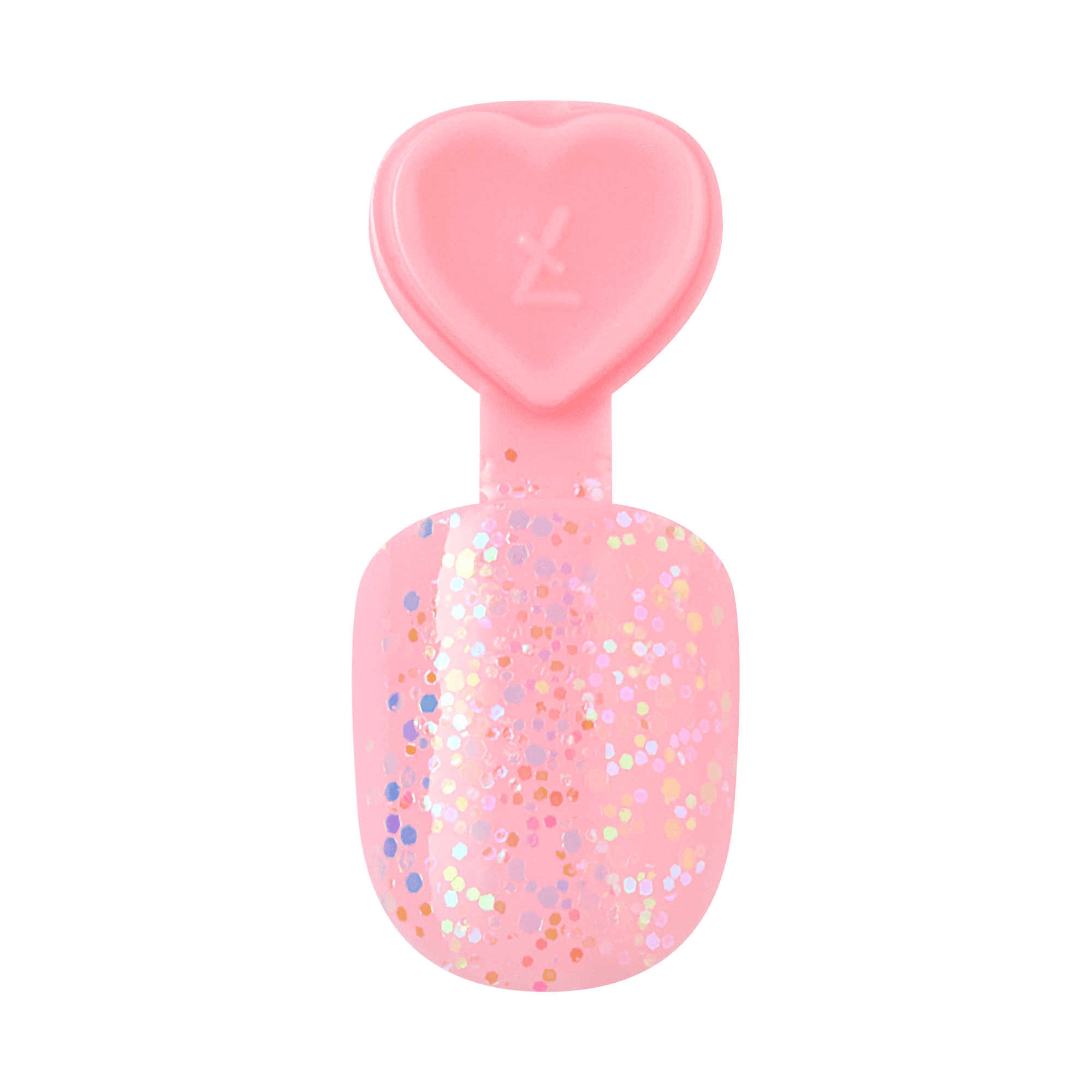 The image features a nail polish swatch in a soft pink color. The swatch is adorned with a mix of glitter in various sizes and colors, including gold, silver, and pastel shades, creating a sparkling effect. The applicator has a heart-shaped top, adding a playful touch to the design. Overall, the combination of the pink base and the glitter gives a fun and festive appearance, perfect for a cheerful manicure.