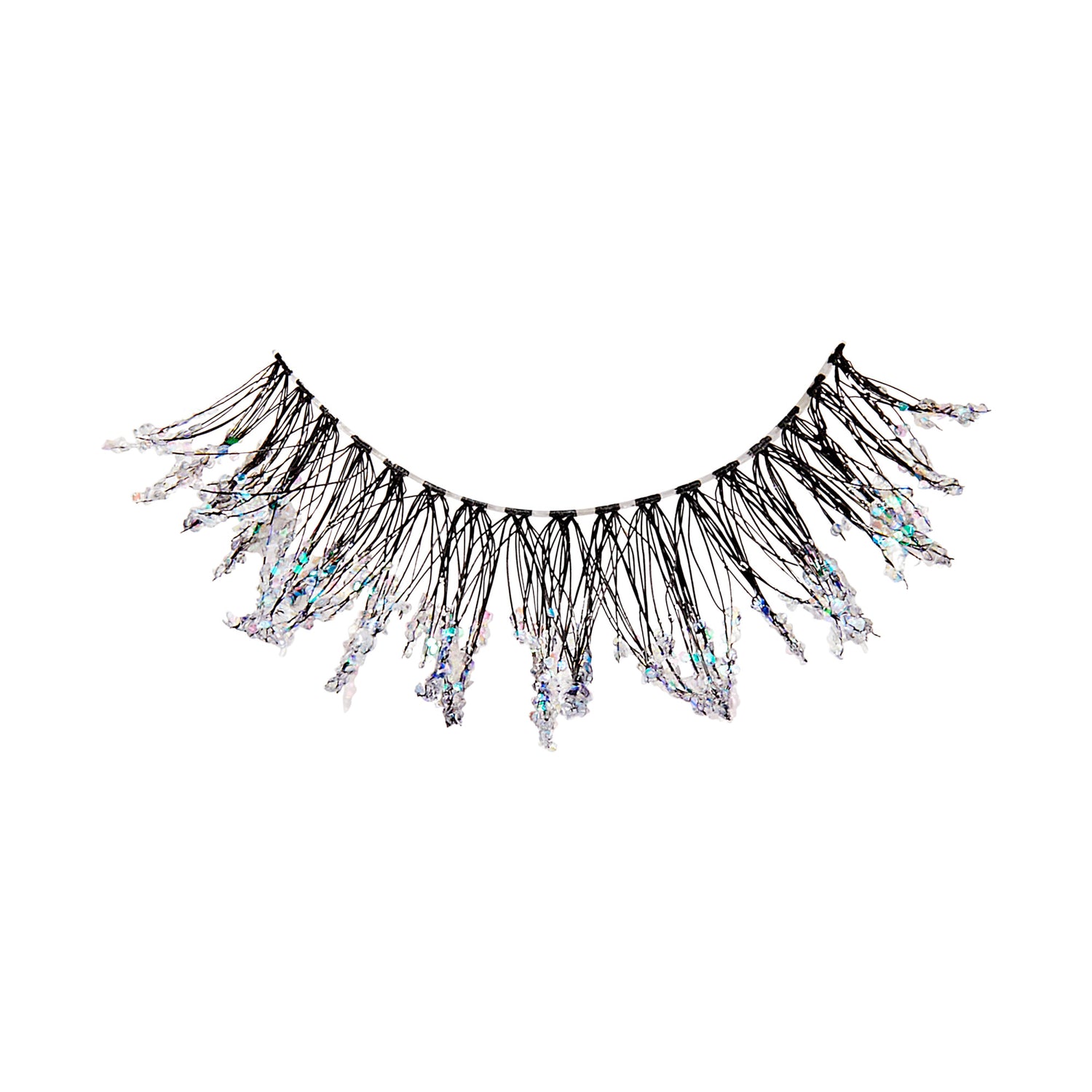 Dramatic false lashes with black fibers and iridescent glitter embellishments.
