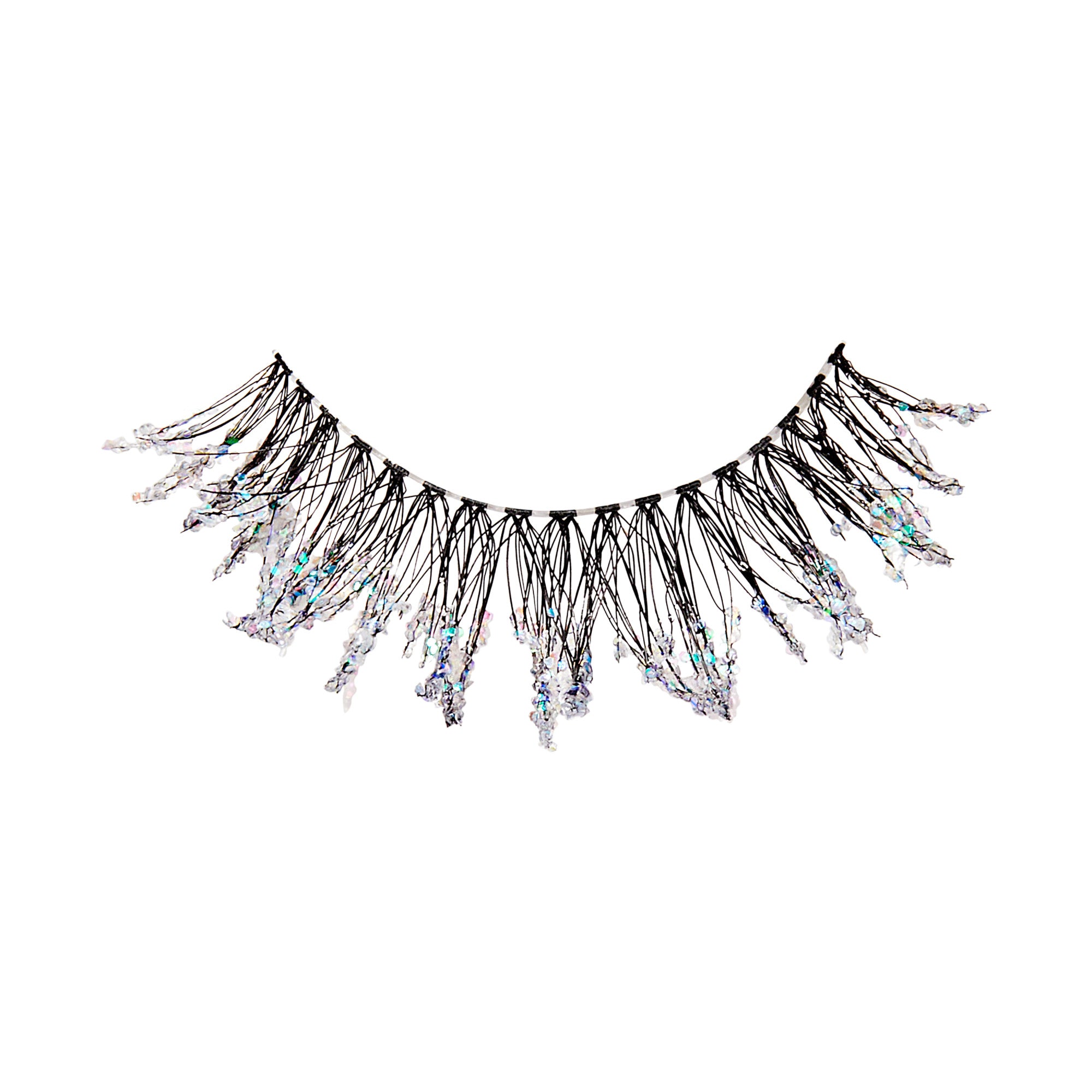Dramatic false lashes with black fibers and iridescent glitter embellishments.