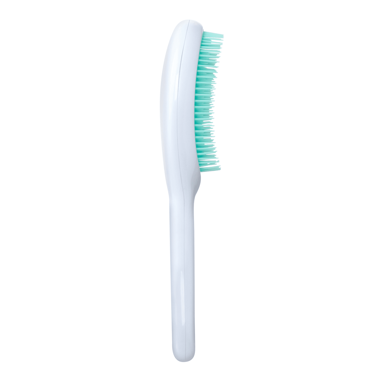 White detangler brush with a curved handle and soft, flexible turquoise bristles, shown from the side on a white background.