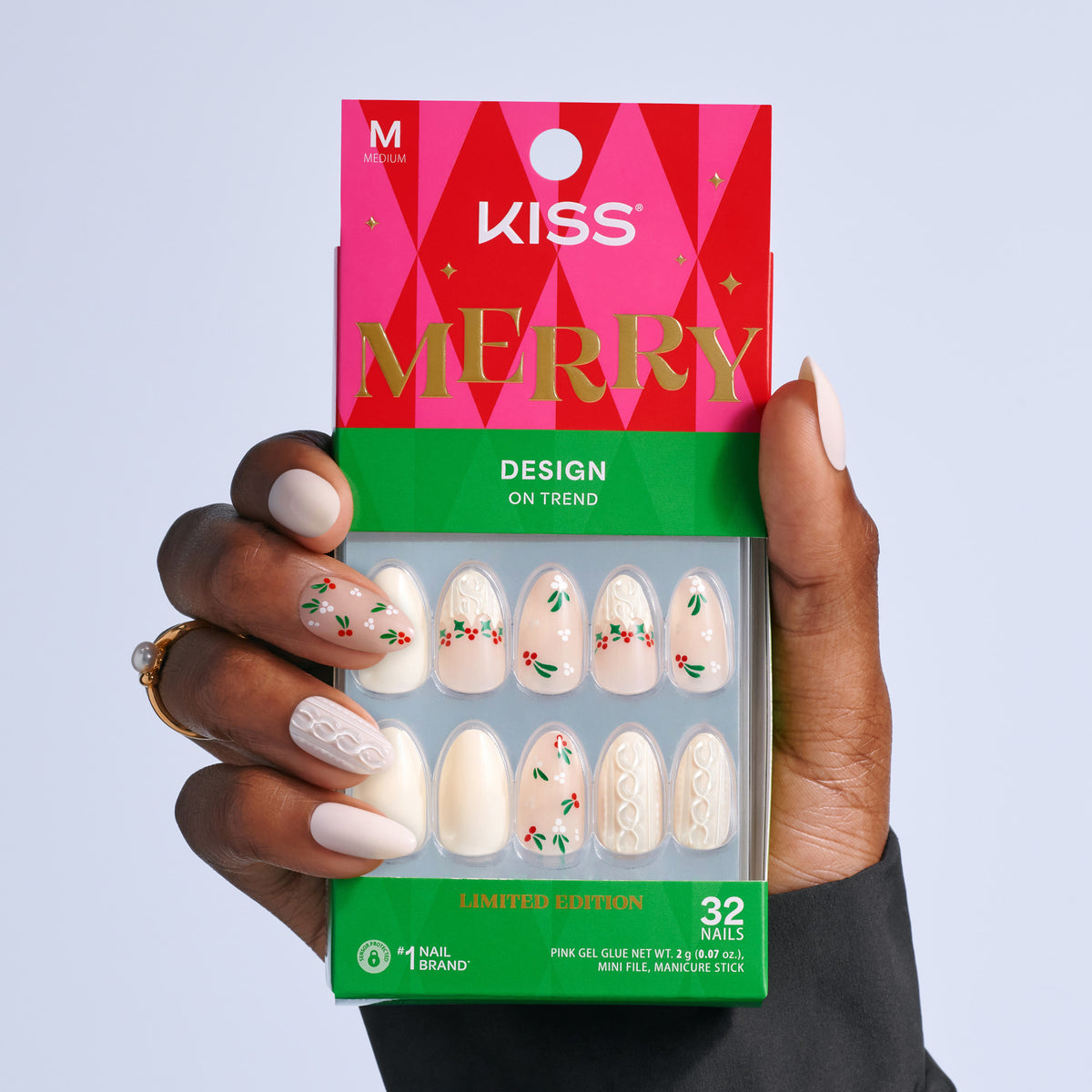 Kiss Merry Holiday Press On Fake Glue Nails - Snow Glow | French Design, White, Medium, Almond