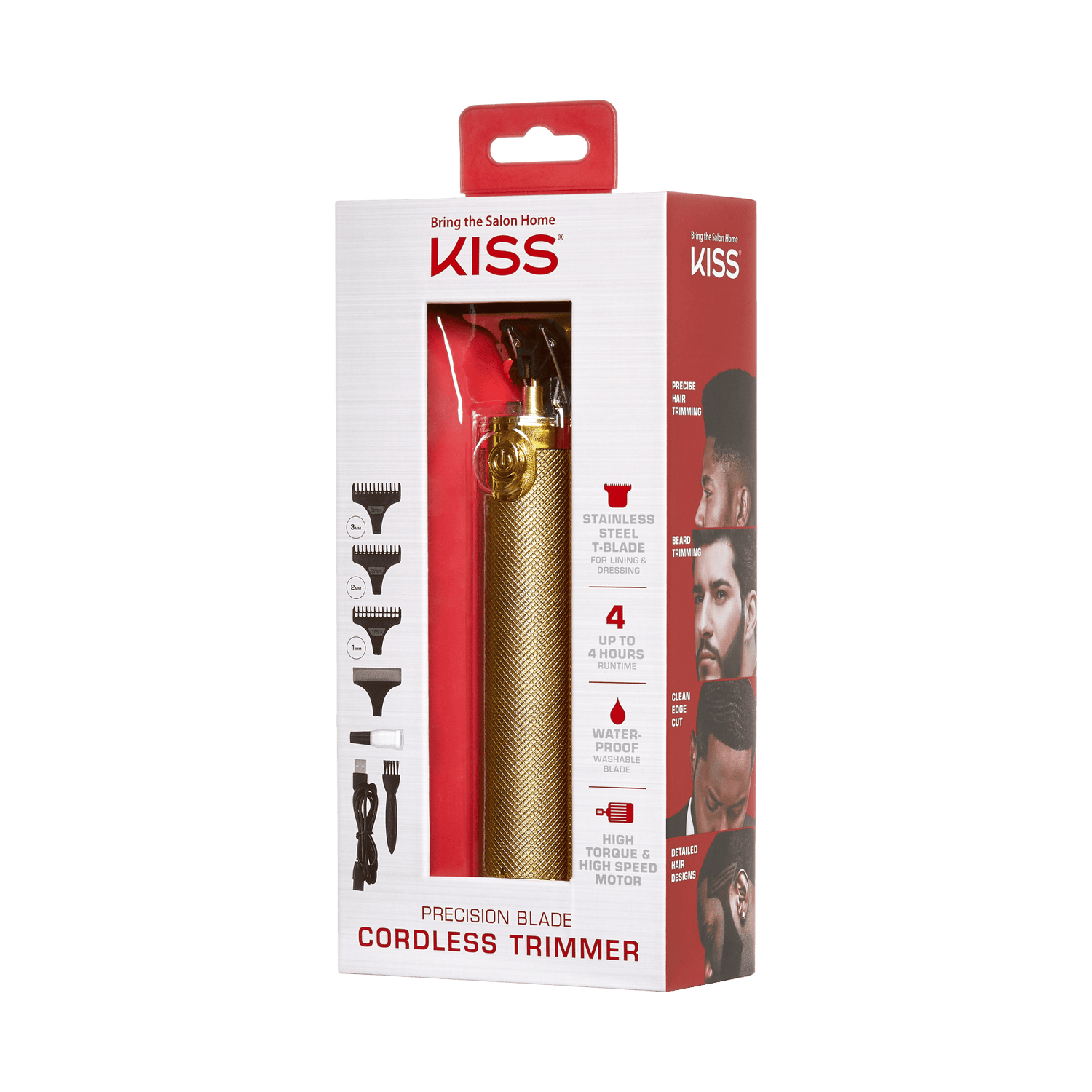 KISS Precision Blade Cordless Trimmer in gold with black blade, shown in white and red box with attachments and claims: stainless steel T-blade, 4-hour runtime, waterproof blade, high-speed motor.