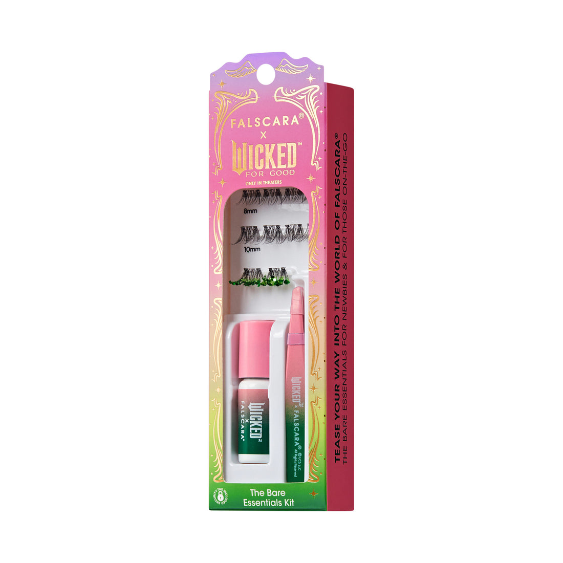 Falsacara x Wicked For Good Bare Essentials Kit with false eyelashes and cosmetics.