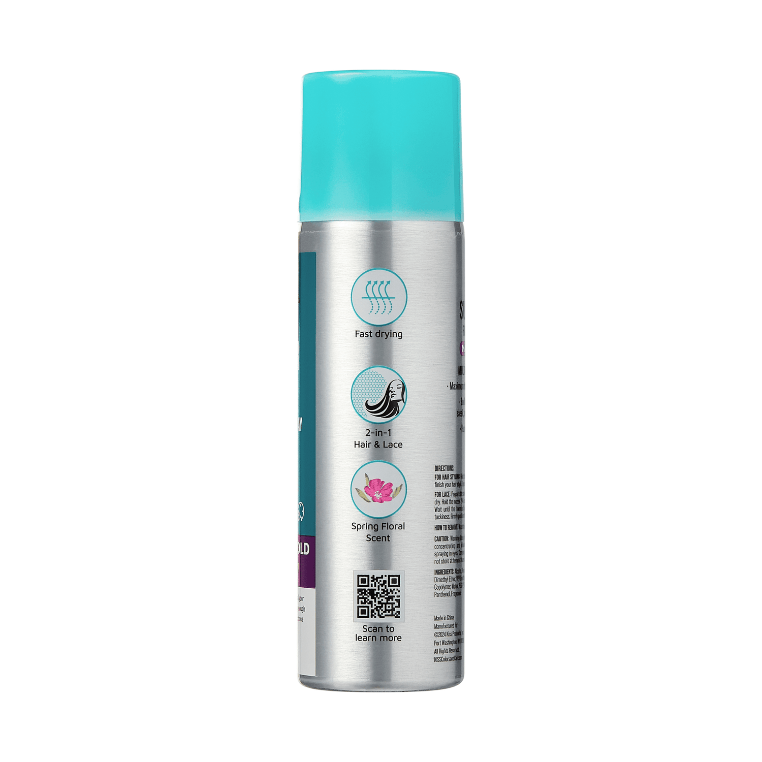 The image features a cylindrical aerosol can with a metallic silver body and a turquoise cap. The label includes text indicating that the product is a fast-drying spray designed for hair and lace. It highlights a "Spring Floral Scent" and features icons that suggest its multifunctional use. There is also a QR code on the label for additional information. The overall design is sleek and modern, emphasizing the product&