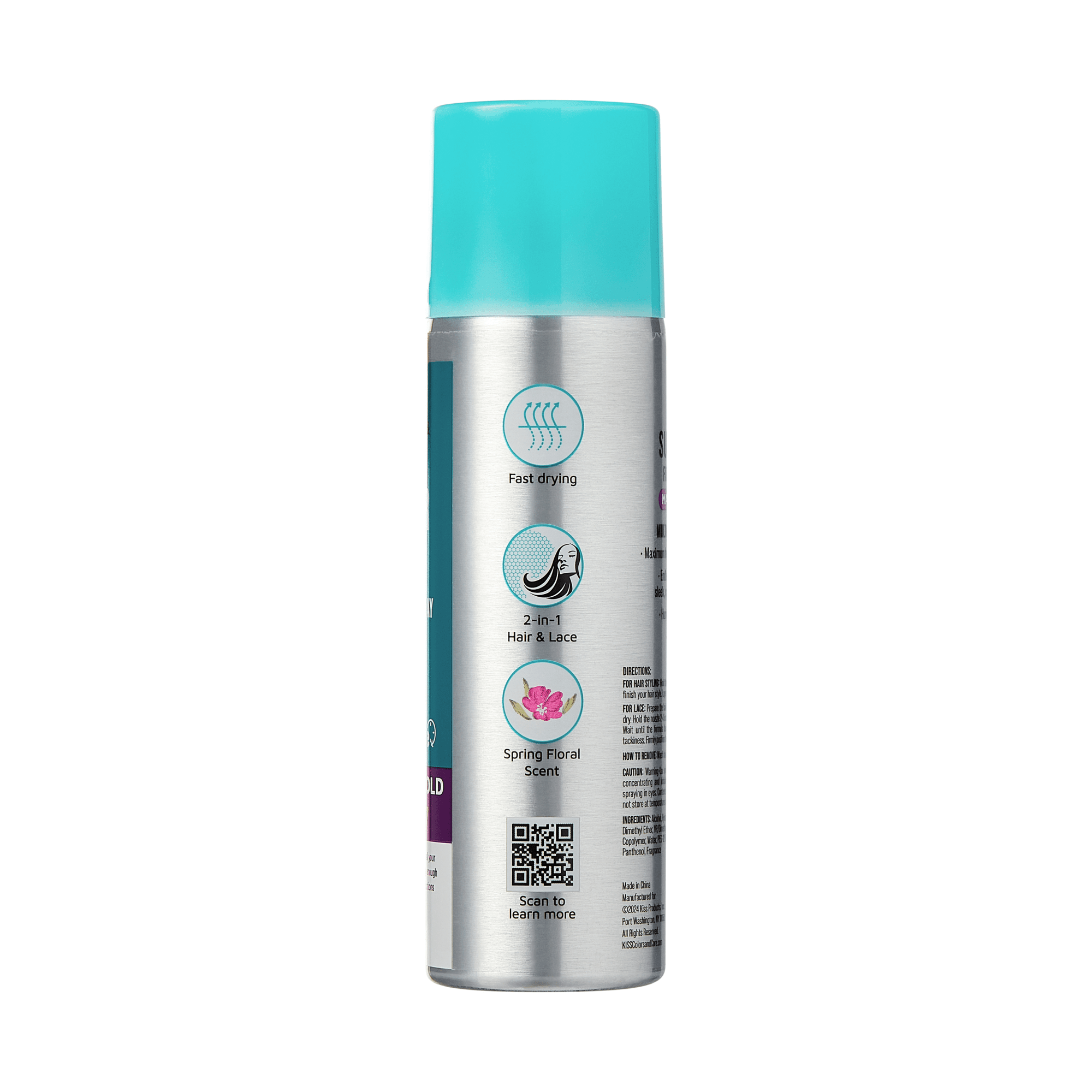 The image features a cylindrical aerosol can with a metallic silver body and a turquoise cap. The label includes text indicating that the product is a fast-drying spray designed for hair and lace. It highlights a "Spring Floral Scent" and features icons that suggest its multifunctional use. There is also a QR code on the label for additional information. The overall design is sleek and modern, emphasizing the product&
