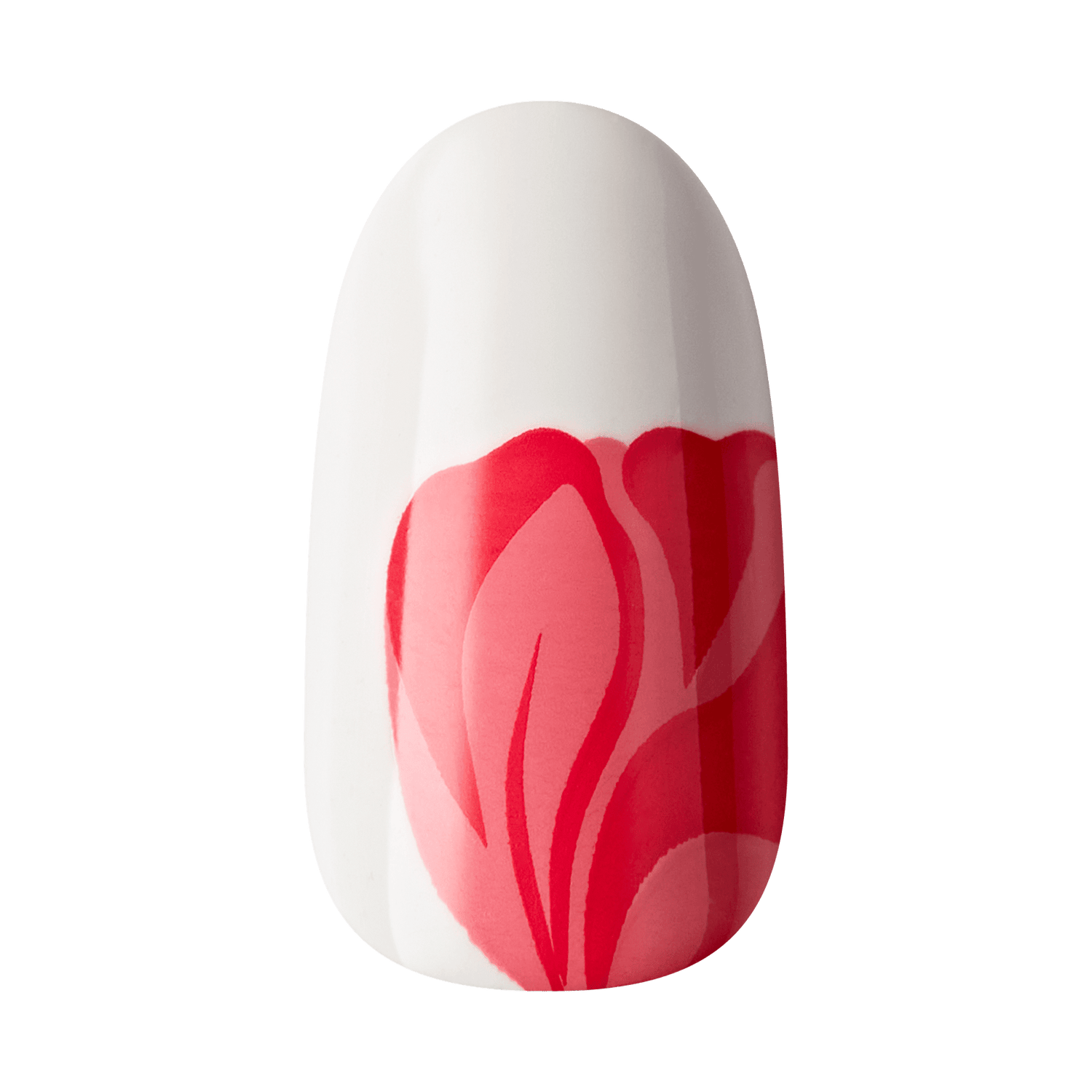 The image shows a single artificial nail with a white base color. The nail features a red and pink floral design, with petals extending from the base towards the tip. The design is stylized and abstract, giving the nail a sophisticated and artistic appearance.
