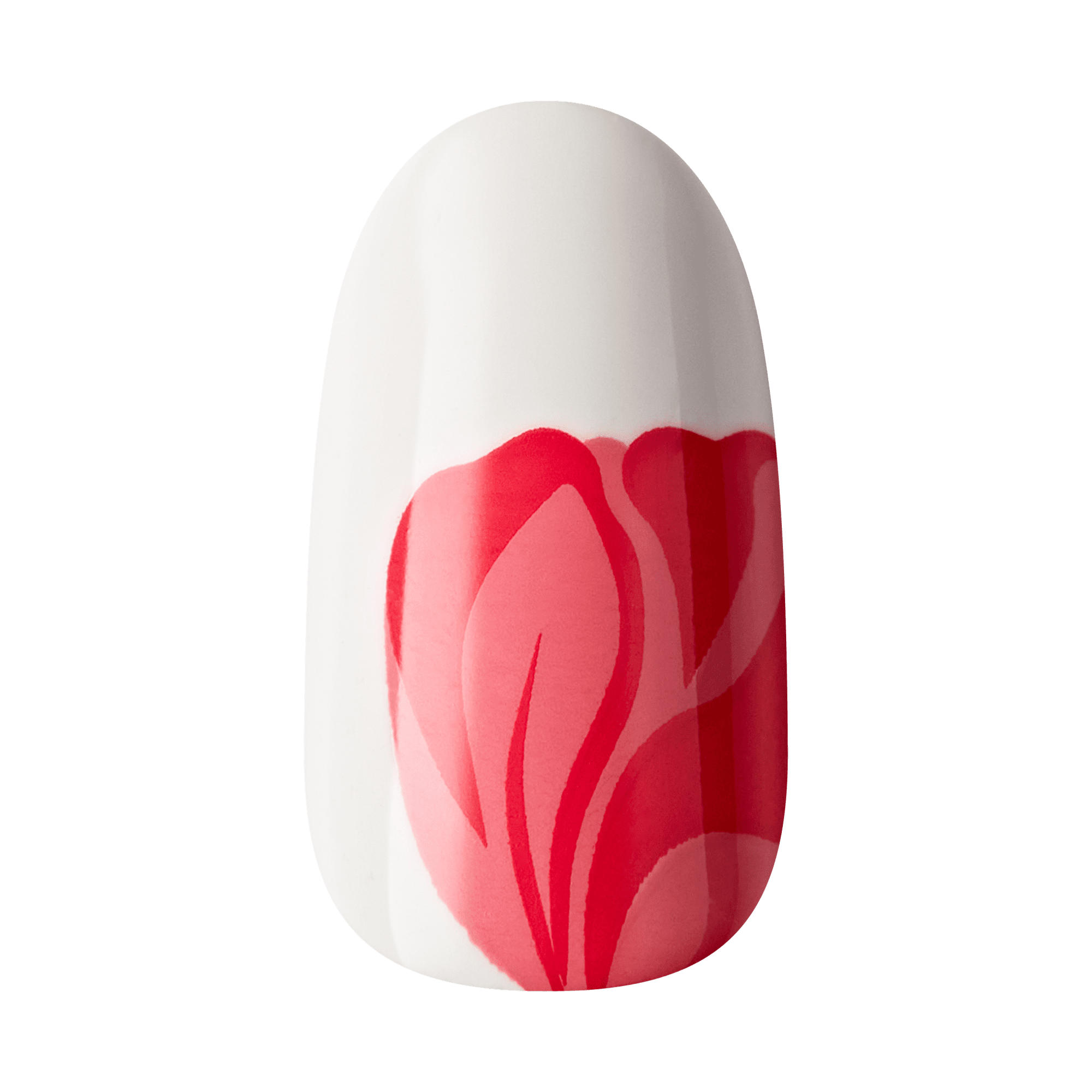 The image shows a single artificial nail with a white base color. The nail features a red and pink floral design, with petals extending from the base towards the tip. The design is stylized and abstract, giving the nail a sophisticated and artistic appearance.