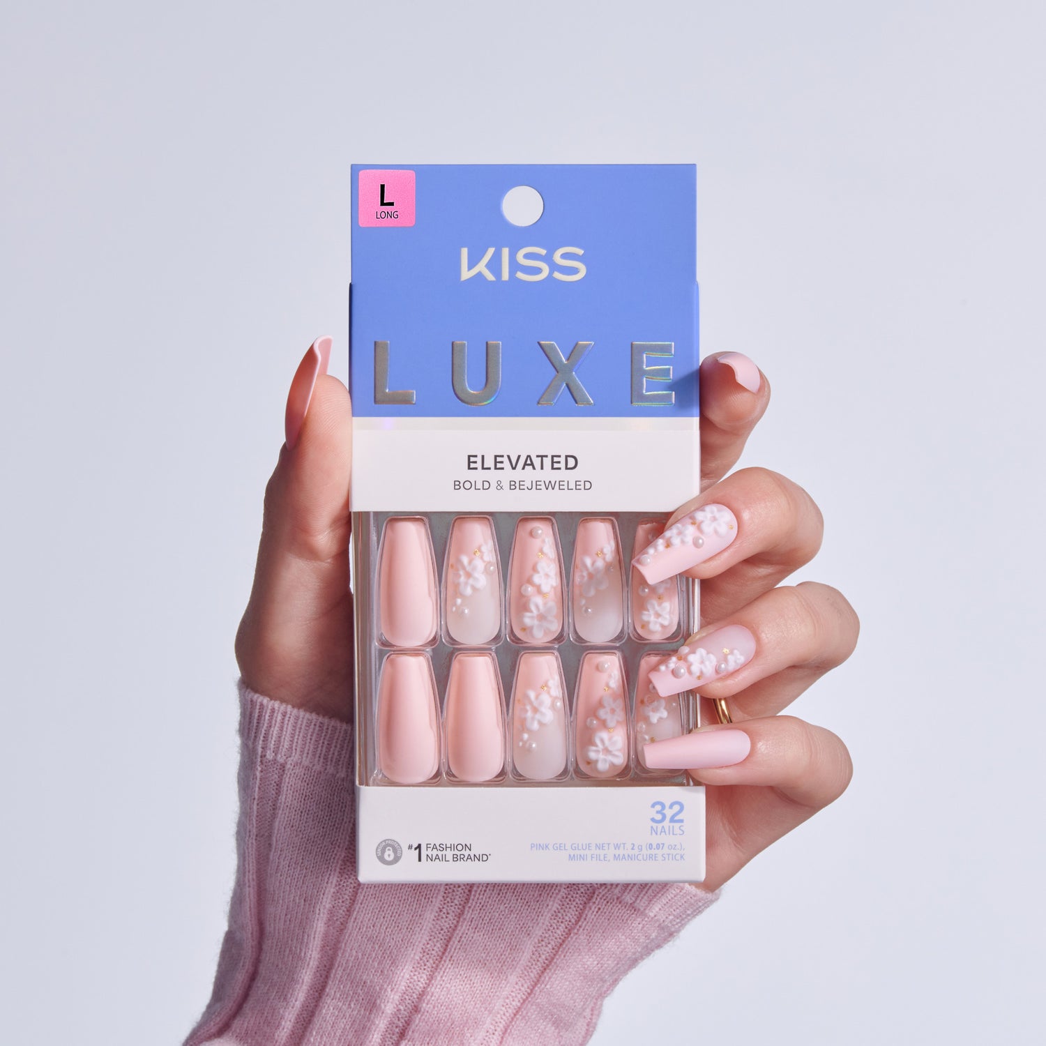 KISS Luxe Elevated pink gel nails with jeweled embellishments, 32-piece set.