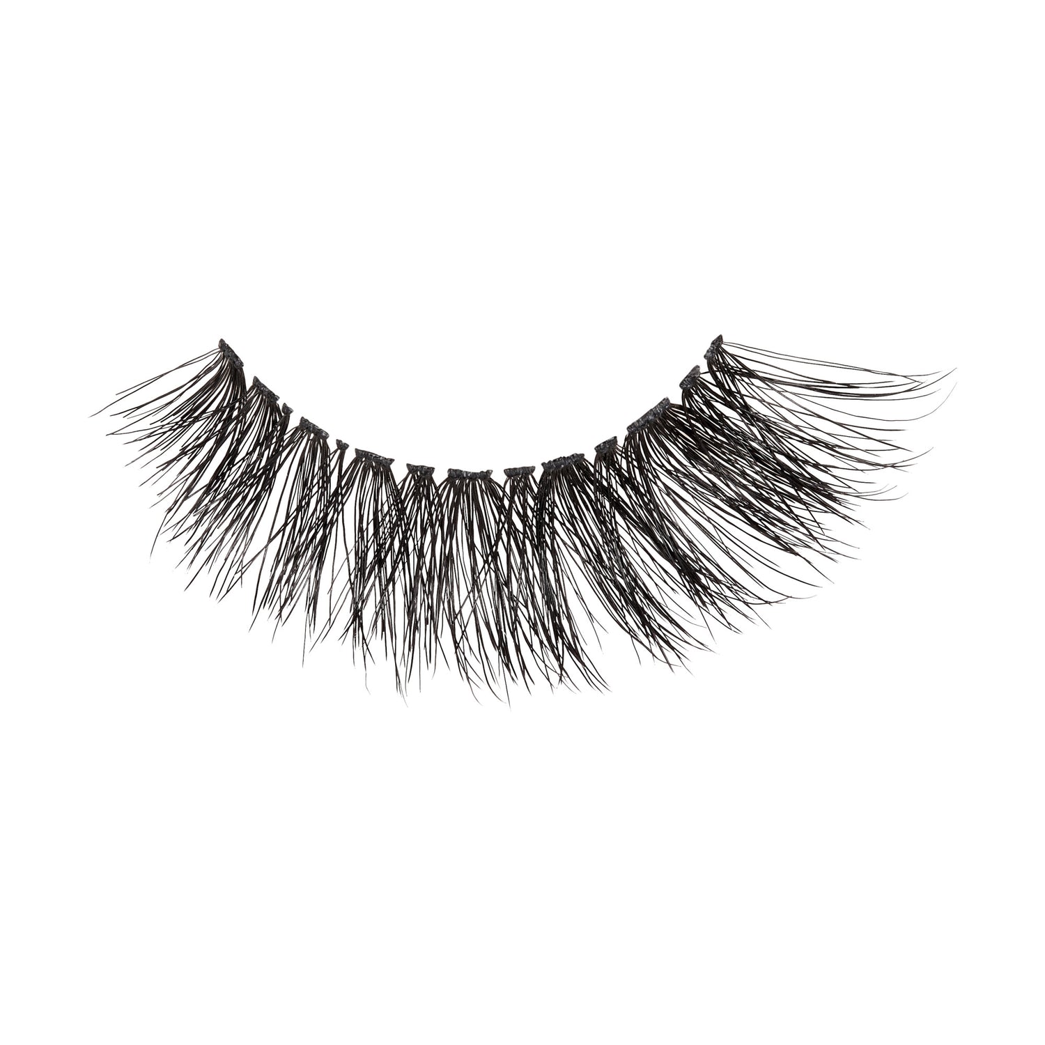 Single black false eyelash strip with a light, wispy, and natural design, shown on a white background without packaging or text.