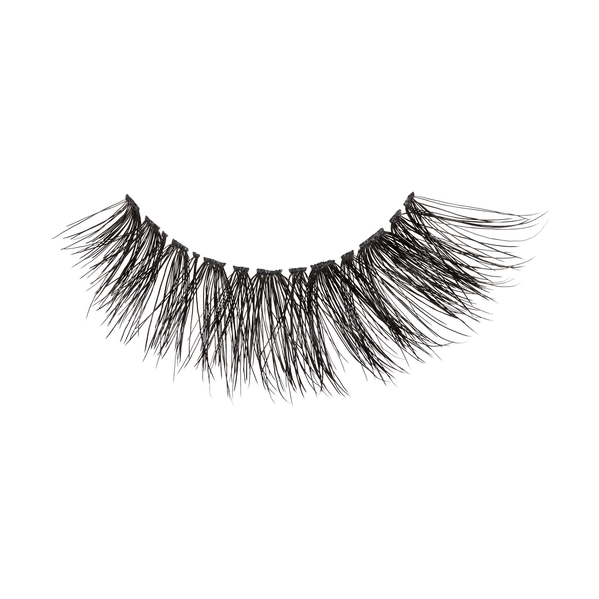 Single black false eyelash strip with a light, wispy, and natural design, shown on a white background without packaging or text.
