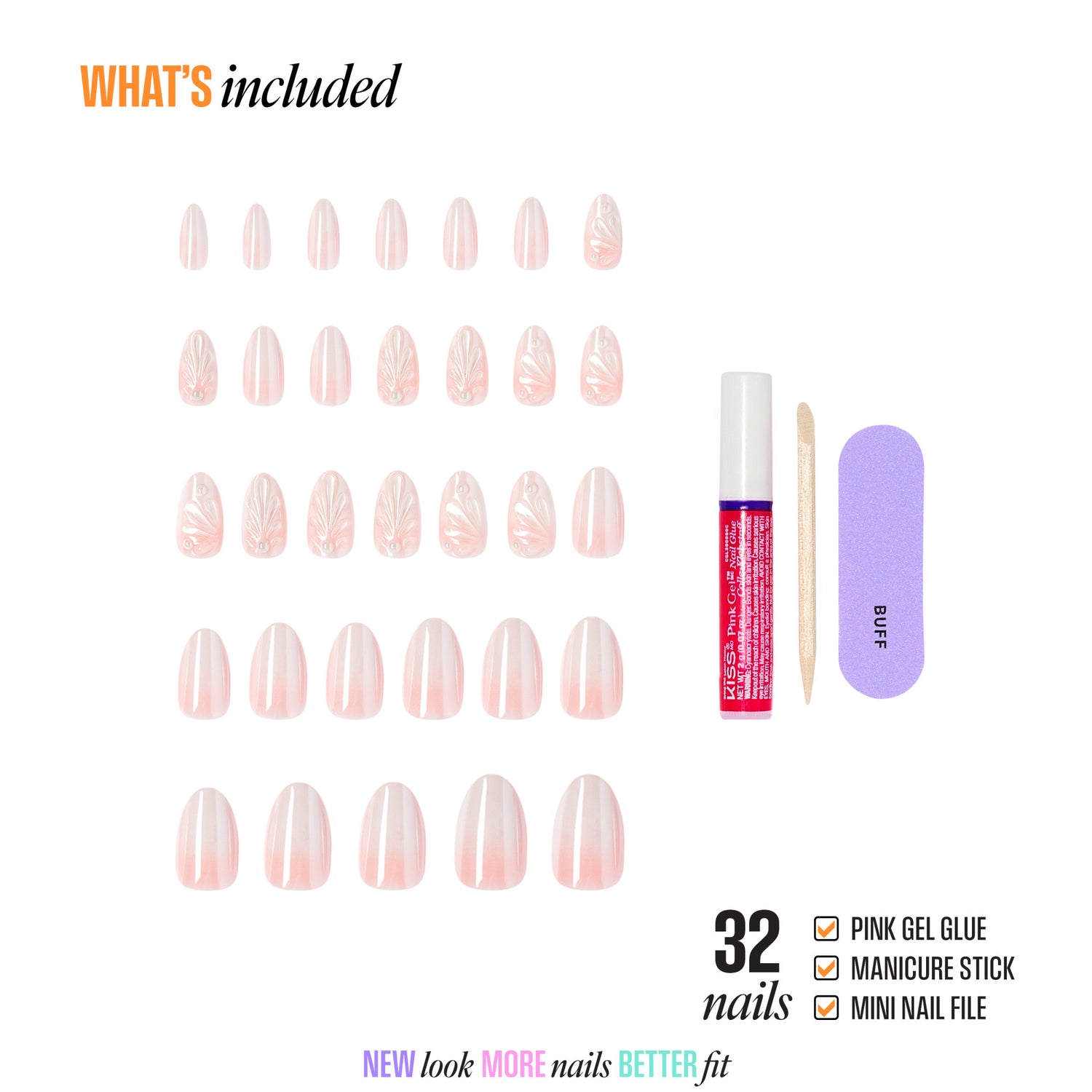 32-piece pink gel press-on nail kit with glue, manicure stick, and file included.
