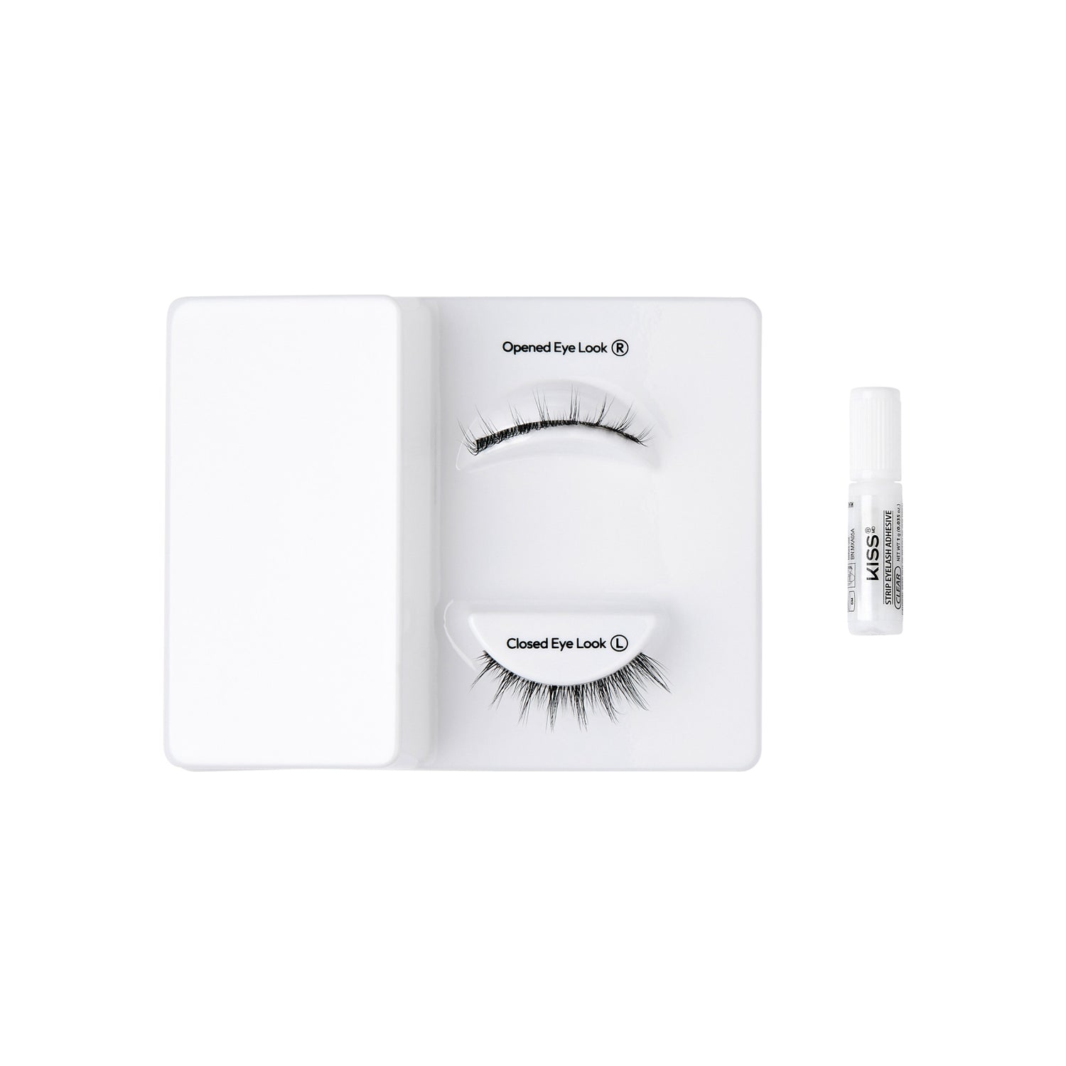 The image features a display of false eyelashes arranged on a white tray. On the left side, there are two sets of lashes labeled "Opened Eye Look" and "Closed Eye Look," showcasing different styles. Next to the tray, there is a small tube of adhesive, likely used for applying the lashes. The overall presentation is clean and organized, emphasizing the beauty products.