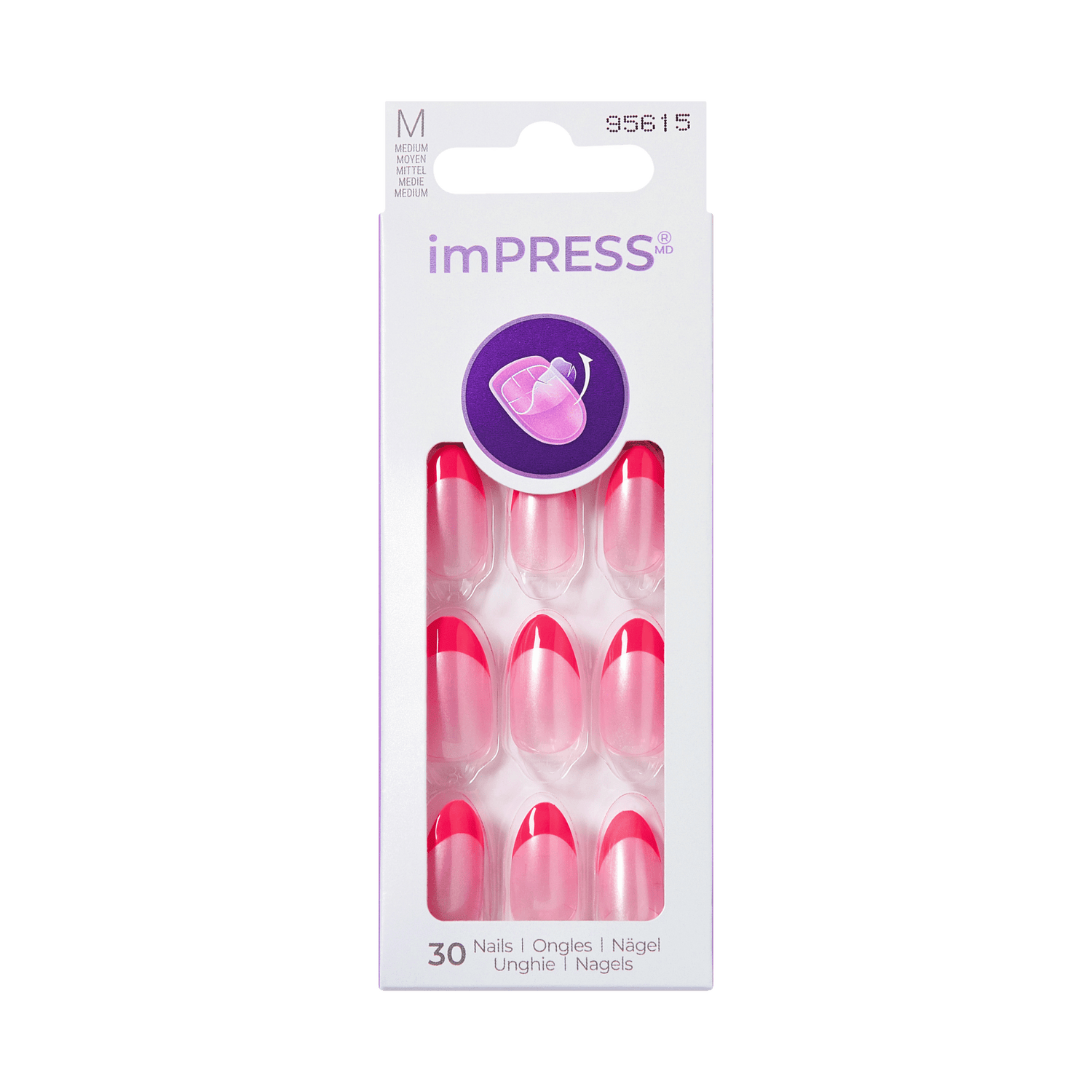 The image features a packaging of imPRESS press-on nails. The box is predominantly white with a clear window displaying a set of 30 nails. The nails have a gradient design, transitioning from a light pink at the base to a vibrant pink at the tips, resembling a French manicure style. The packaging includes a circular logo at the top, and the text indicates that it contains 30 nails. The overall design is sleek and modern, appealing to those looking for easy-to-apply nail enhancements.