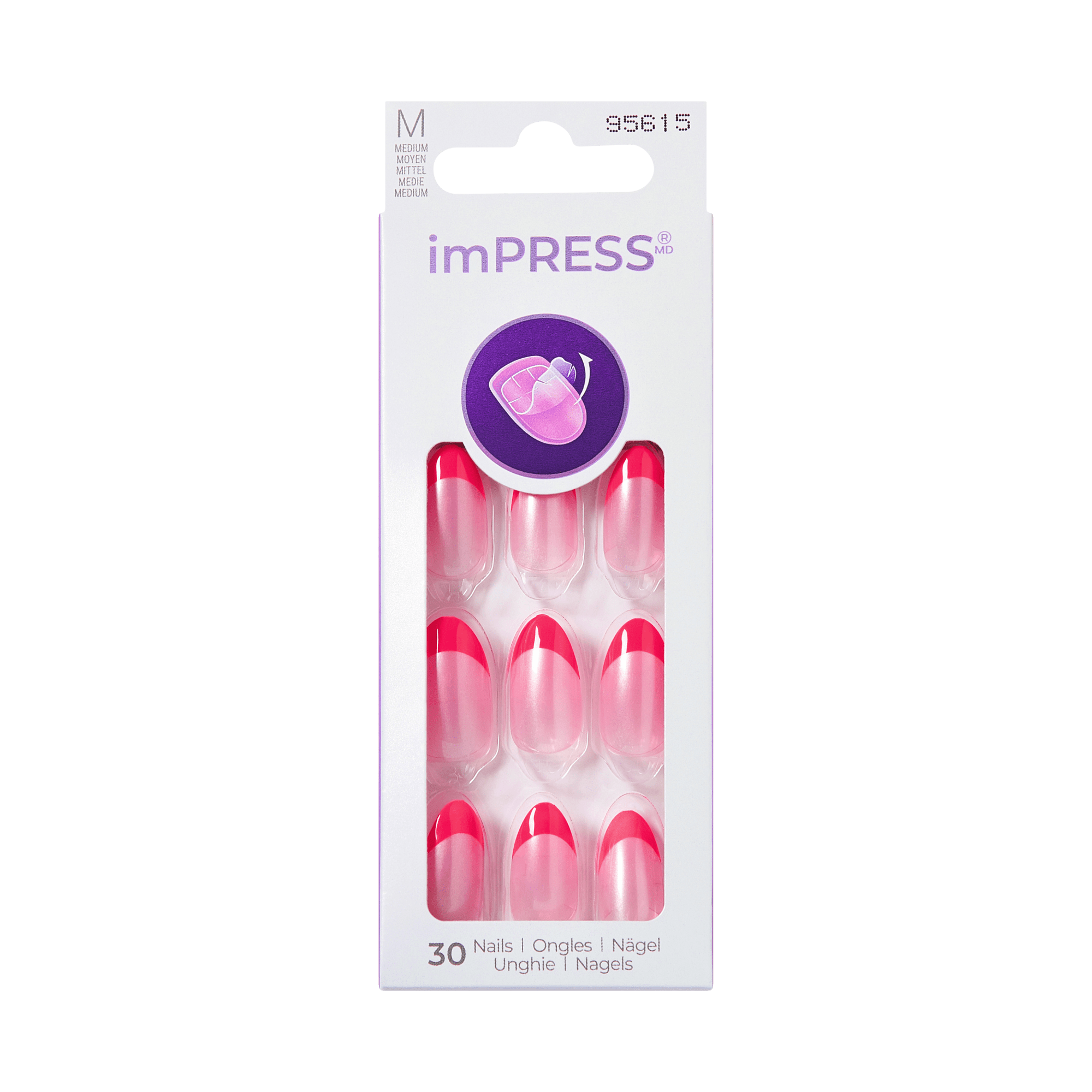 The image features a packaging of imPRESS press-on nails. The box is predominantly white with a clear window displaying a set of 30 nails. The nails have a gradient design, transitioning from a light pink at the base to a vibrant pink at the tips, resembling a French manicure style. The packaging includes a circular logo at the top, and the text indicates that it contains 30 nails. The overall design is sleek and modern, appealing to those looking for easy-to-apply nail enhancements.