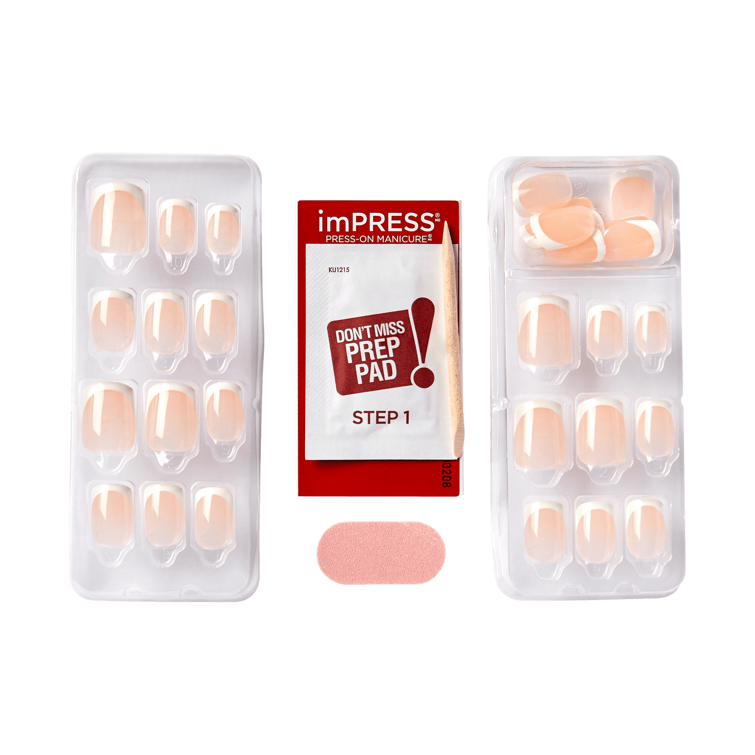 The image shows a set of press-on manicure nails from the brand "imPRESS." The set includes two trays of press-on nails, each containing various sizes of nails with a light pink, natural-looking color. In the center, there is a red and white packet labeled "imPRESS PRESS-ON MANICURE" with the text "DON&