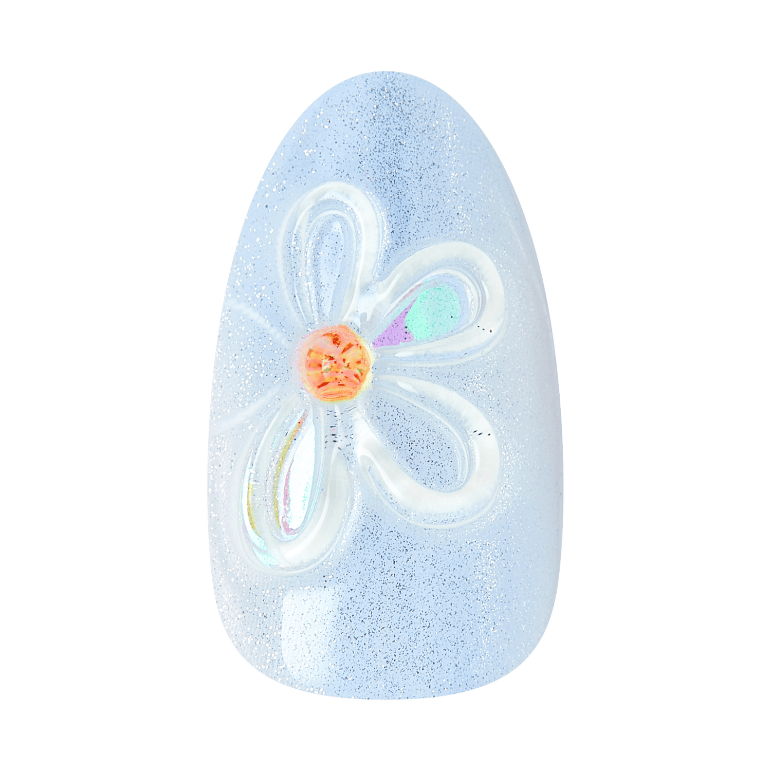 Blue sparkly egg with white flower design and orange center on white background.
