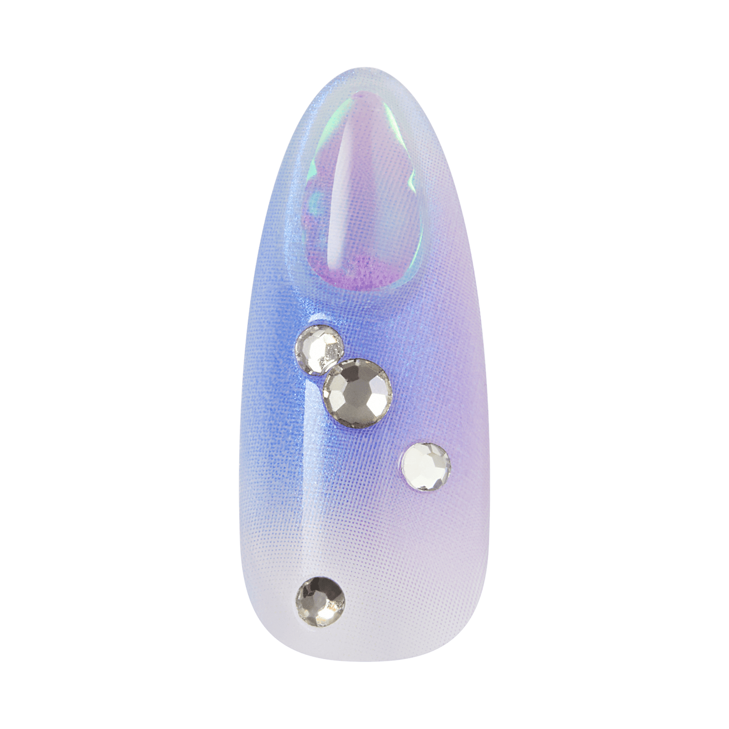 Purple gradient almond nail with teardrop cutout and crystal embellishments.