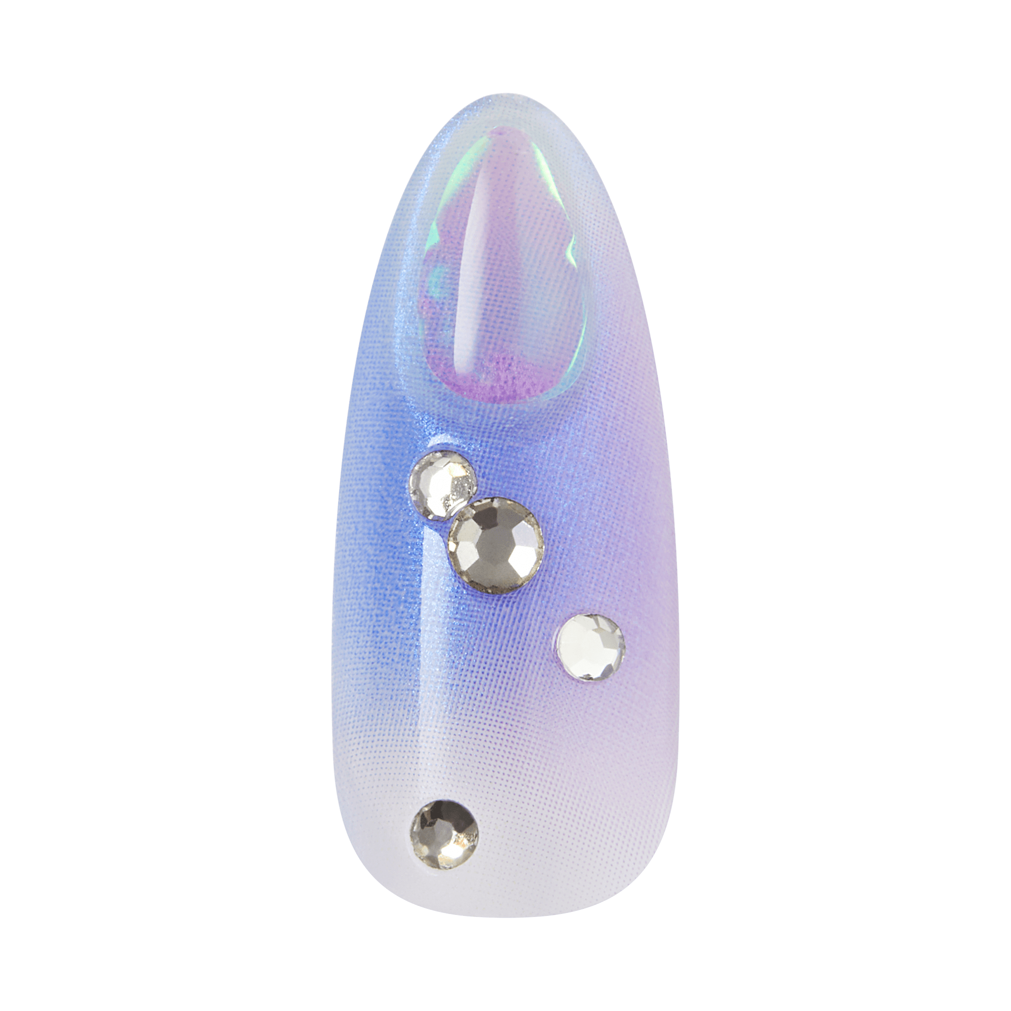 Purple gradient almond nail with teardrop cutout and crystal embellishments.