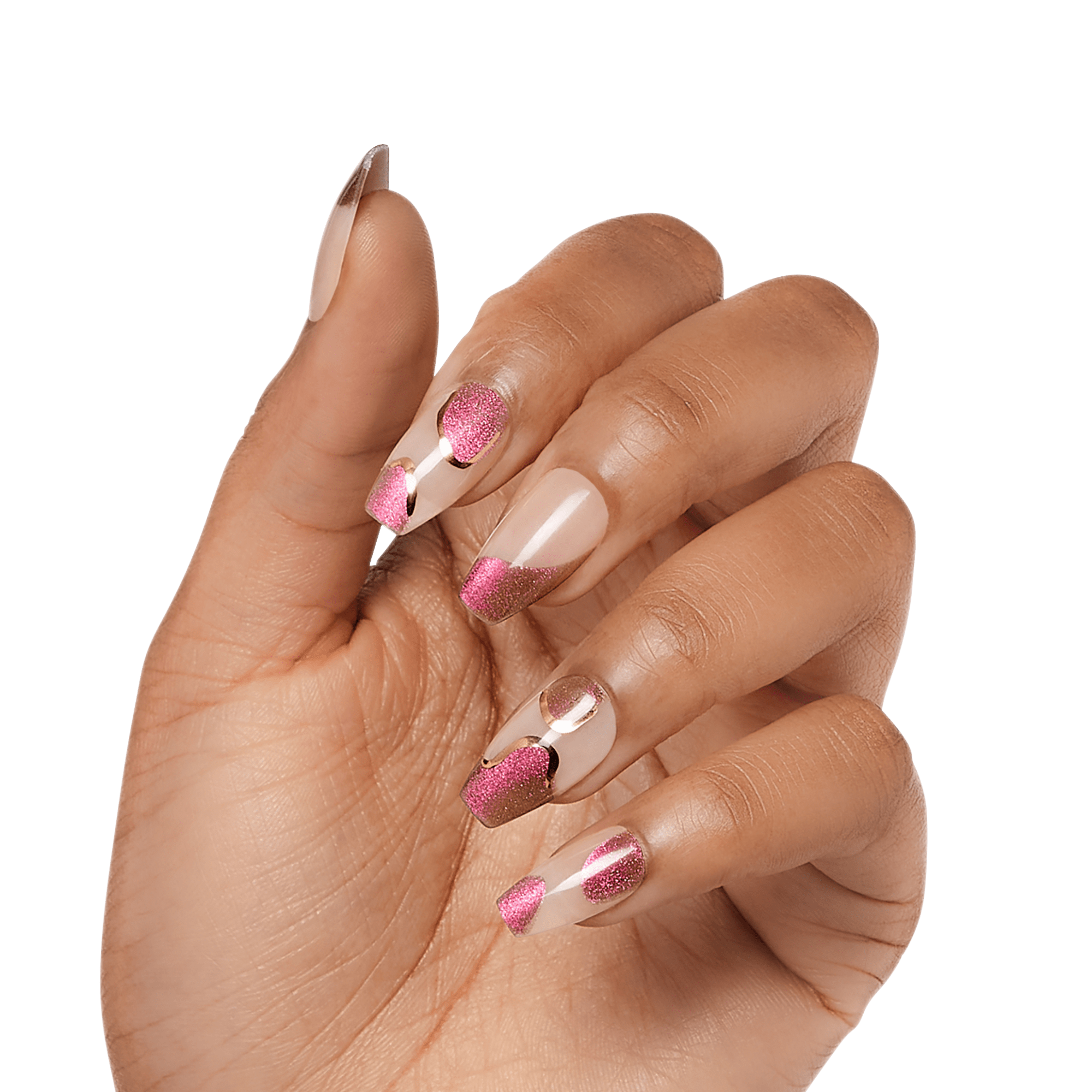 A hand with medium brown skin tone displaying long, coffin-shaped press-on nails in a clear base with shiny pink and metallic rose gold drip designs.