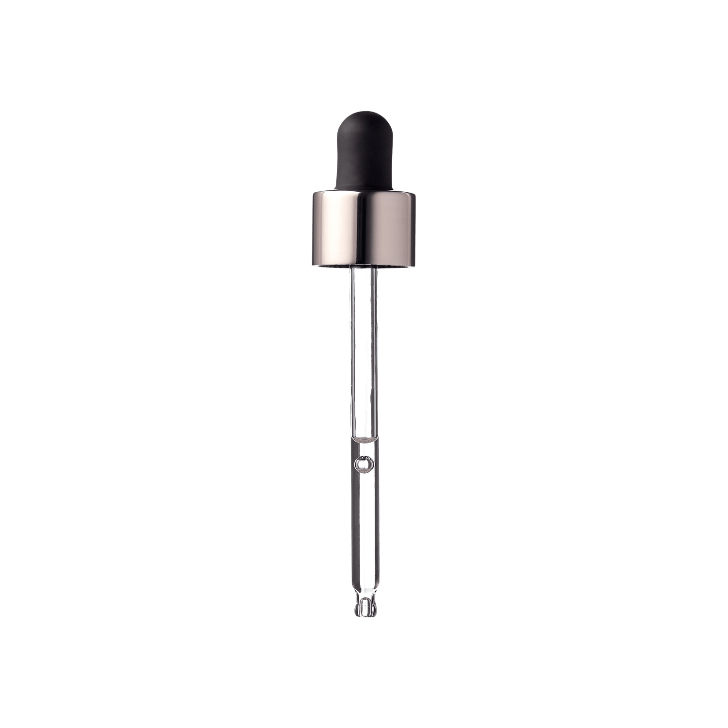 Clear glass dropper with metallic silver collar and black rubber bulb, shown against a white background. No on-image text.