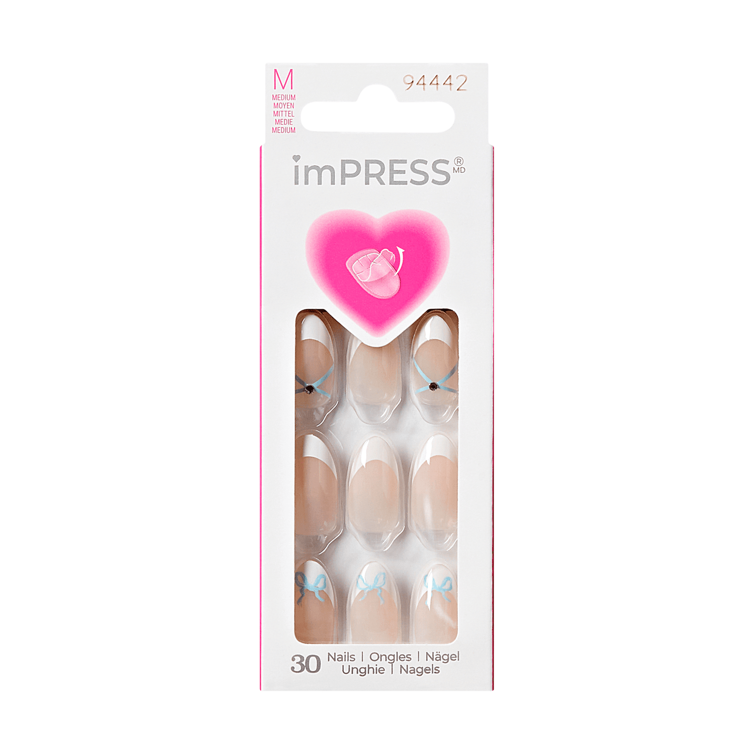 The image features a packaging for imPRESS press-on nails. The package is predominantly pink and includes a heart graphic at the top. It contains a set of 30 artificial nails, which are displayed in a clear plastic compartment. The nails appear to have a nude base color with light blue accents, likely in the form of bows or decorative elements. The packaging is labeled with the product name "imPRESS" and includes details about the contents in multiple languages.