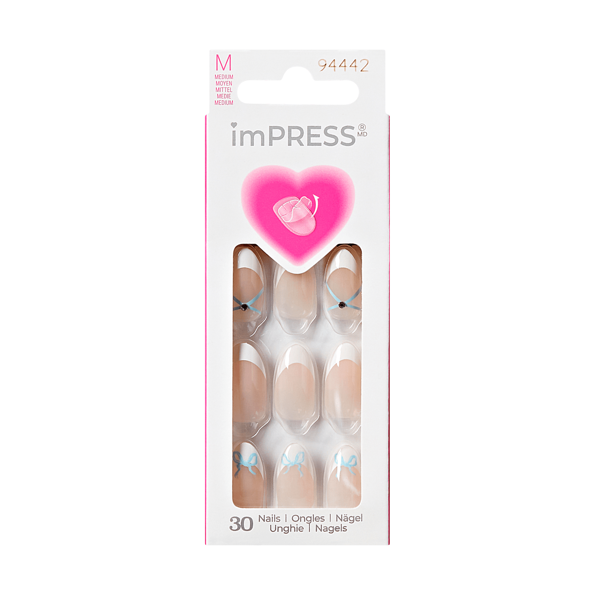 The image features a packaging for imPRESS press-on nails. The package is predominantly pink and includes a heart graphic at the top. It contains a set of 30 artificial nails, which are displayed in a clear plastic compartment. The nails appear to have a nude base color with light blue accents, likely in the form of bows or decorative elements. The packaging is labeled with the product name "imPRESS" and includes details about the contents in multiple languages.
