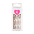 The image features a packaging for imPRESS press-on nails. The package is predominantly pink and includes a heart graphic at the top. It contains a set of 30 artificial nails, which are displayed in a clear plastic compartment. The nails appear to have a nude base color with light blue accents, likely in the form of bows or decorative elements. The packaging is labeled with the product name "imPRESS" and includes details about the contents in multiple languages.