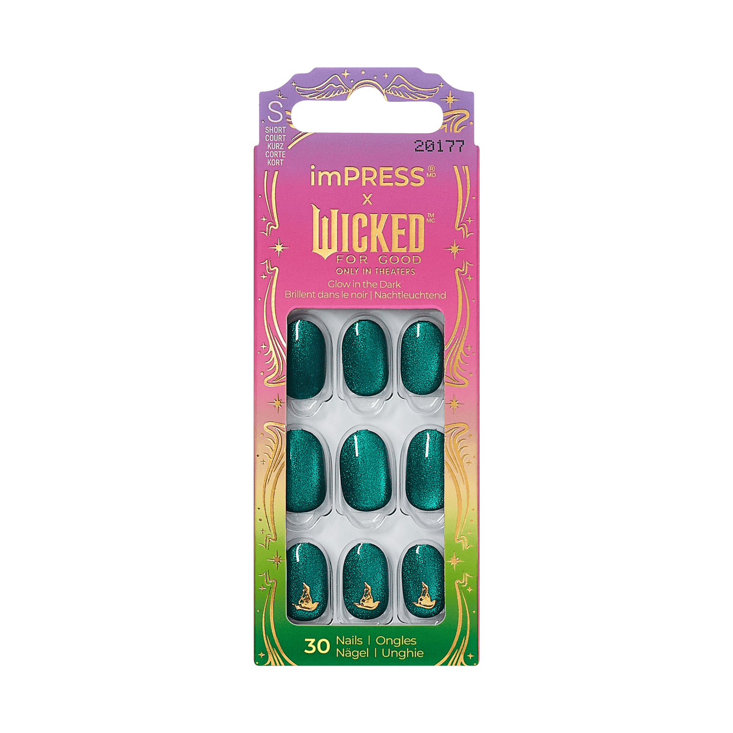 imPRESS x Wicked press-on nails, glow-in-dark teal with gold accents, 30 nails