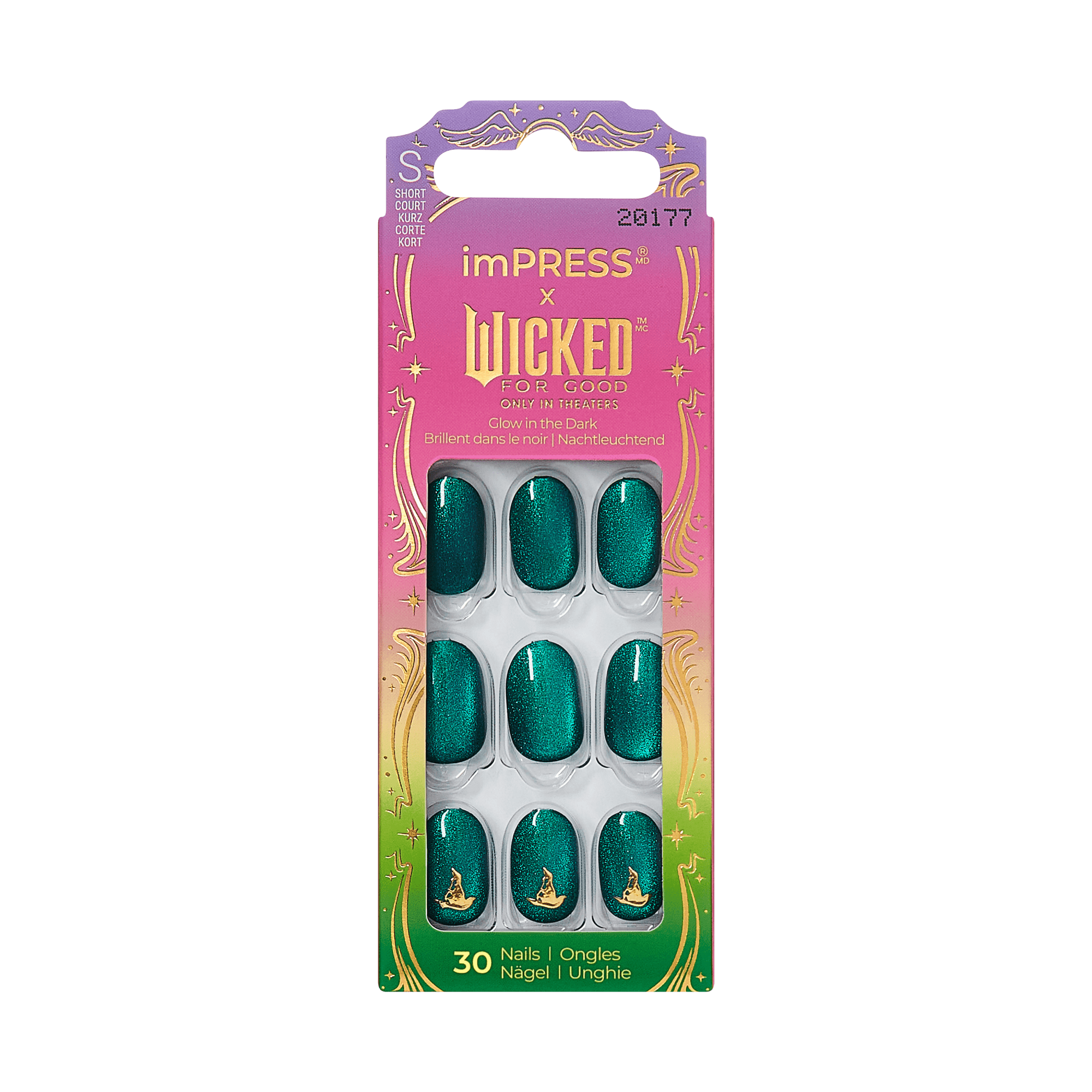 imPRESS x Wicked press-on nails, glow-in-dark teal with gold accents, 30 nails