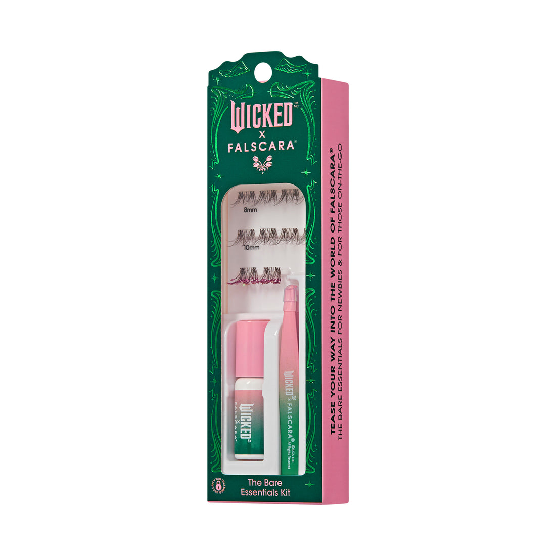 The image features a packaging for the "Wicked x Falscara" collaboration, specifically the "Bare Essentials Kit." The kit is presented in a vibrant green and pink box. It includes a pair of false eyelashes, a lash applicator, and a bonding adhesive. The design is eye-catching, with bold graphics and text that invite users to explore the world of Falscara. The overall aesthetic is playful and appealing, targeting beauty enthusiasts looking for easy lash application solutions.