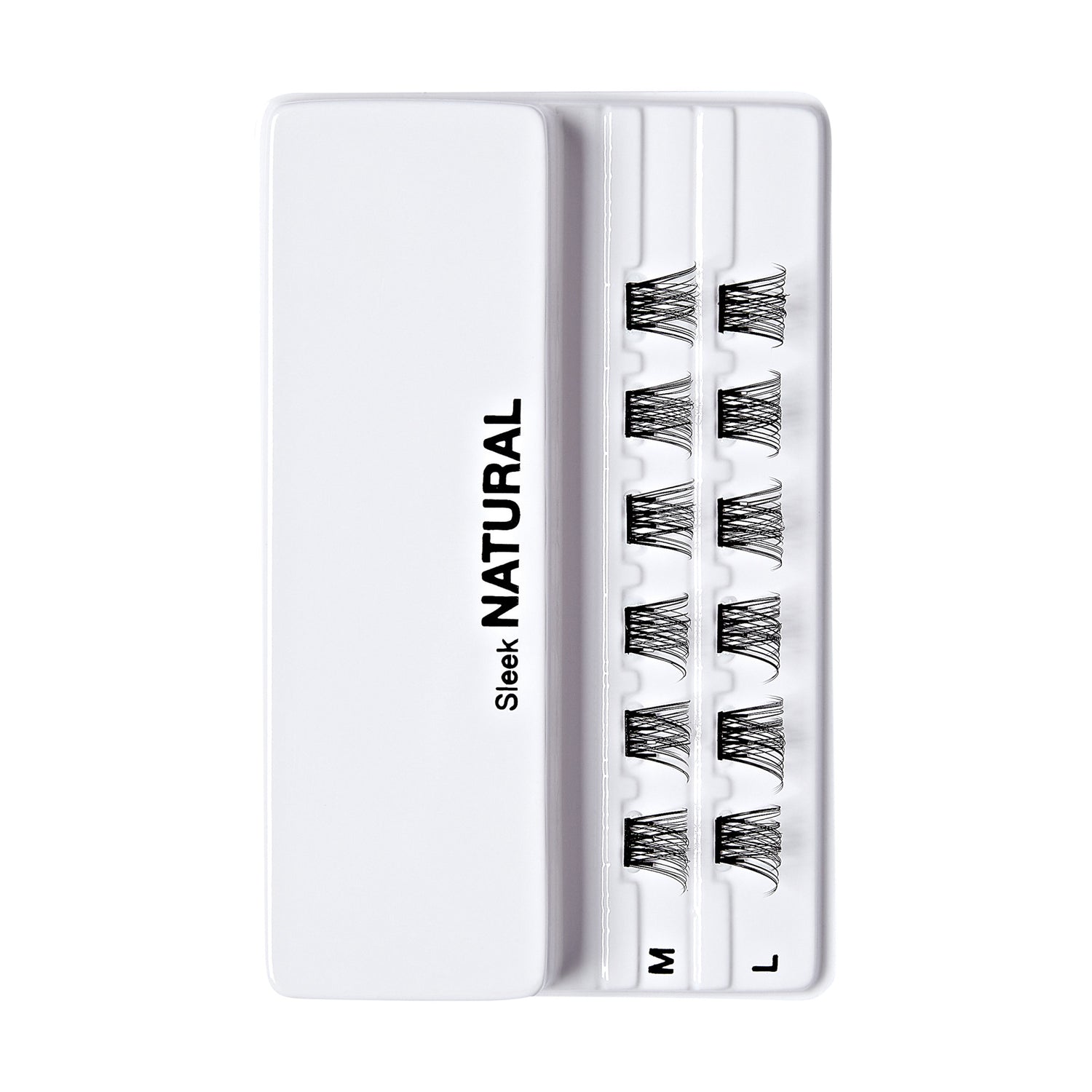 The image shows a white plastic case labeled "Sleek NATURAL" on the left side. Inside the case, there are three rows of false eyelashes, each row labeled with a different size: "S," "M," and "L." The eyelashes are neatly arranged in the case, with each row containing multiple pairs of lashes. The design of the case is simple and clean, emphasizing the natural look of the eyelashes.