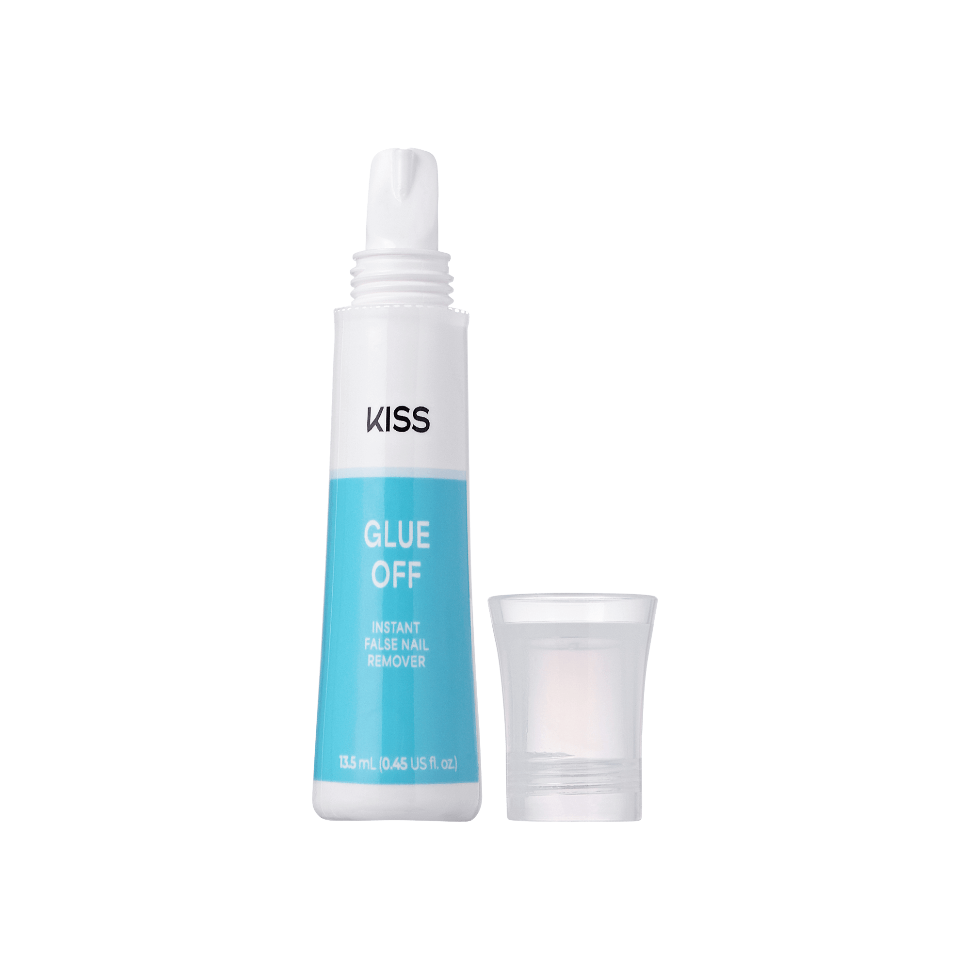 White and blue tube of KISS Glue OFF Instant False Nail Remover with the cap removed and placed beside it. The tube contains 13.5 mL (0.45 US fl. oz.).