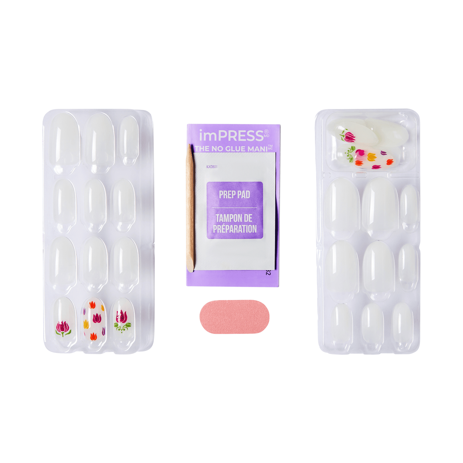 The image features a nail art kit. On the left, there is a tray of false nails adorned with colorful floral designs, specifically tulips. In the center, there is a purple package labeled "imPRESS THE NO GLUE MANI," which contains a prep pad for nail preparation. On the right, there is another tray of plain white false nails. The overall presentation suggests a DIY manicure set that allows for easy application without the need for glue.
