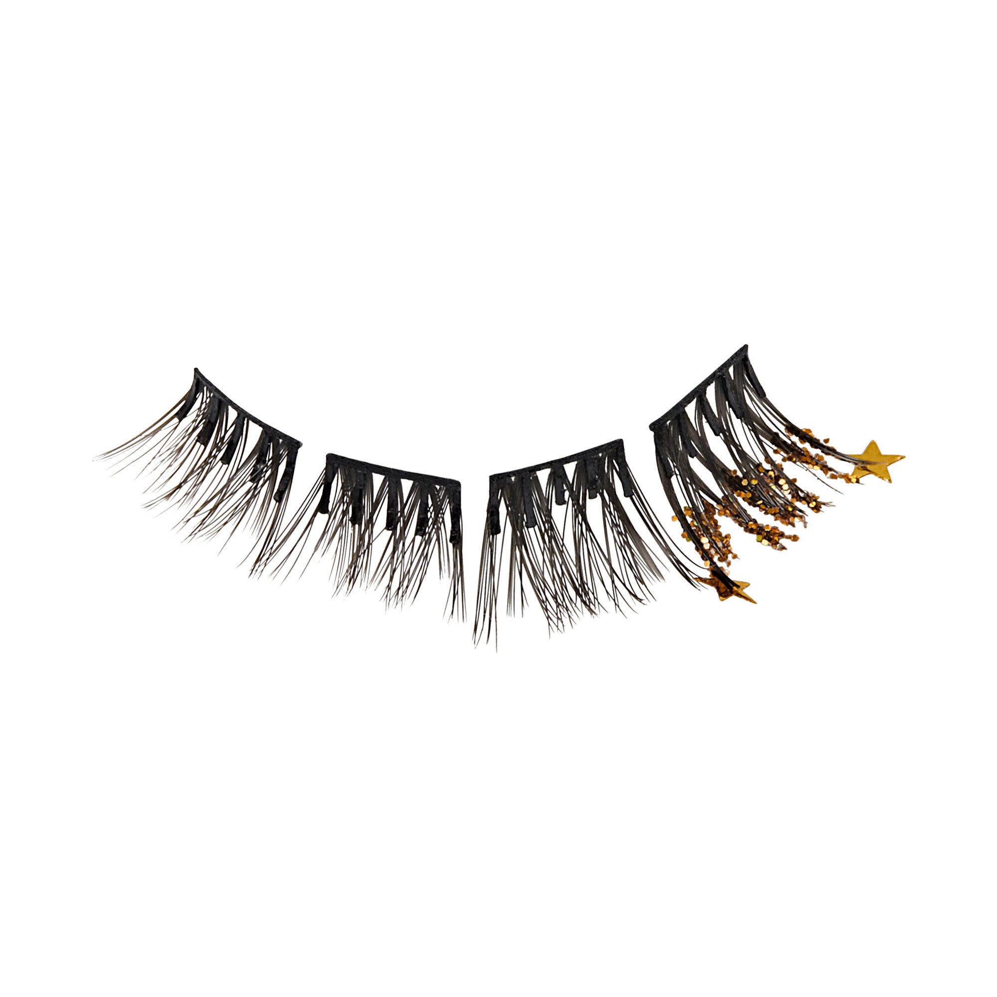 The image features a pair of dramatic false eyelashes. The lashes are predominantly black and have a unique design, with varying lengths that create a feathery effect. Some sections of the lashes are adorned with small golden stars and beads, adding a touch of sparkle and whimsy. The overall look is bold and eye-catching, perfect for a glamorous makeup style or a special occasion.
