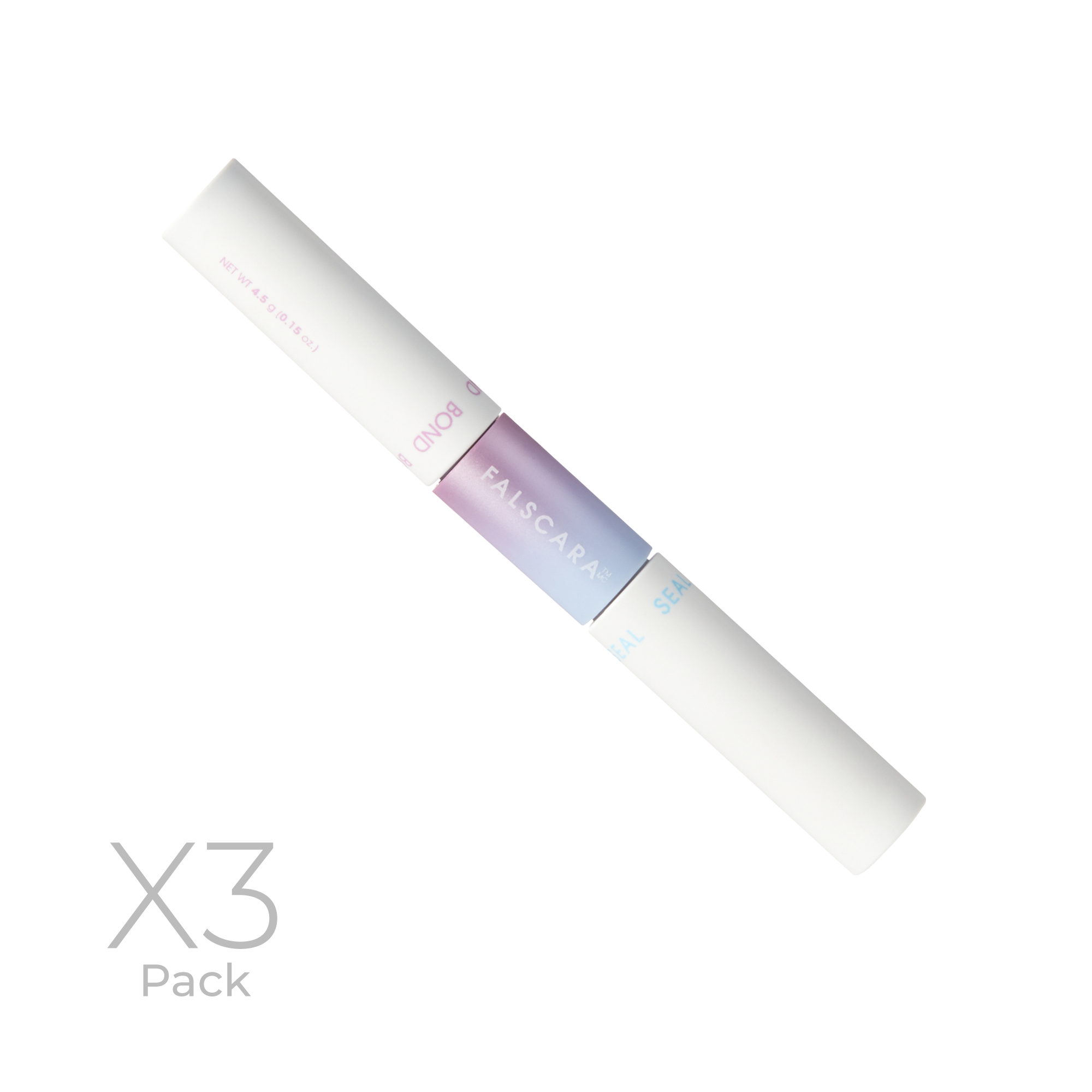 FALSCARA Bond &amp; Seal dual-ended pen with gradient purple-blue center, white caps on each end labeled \