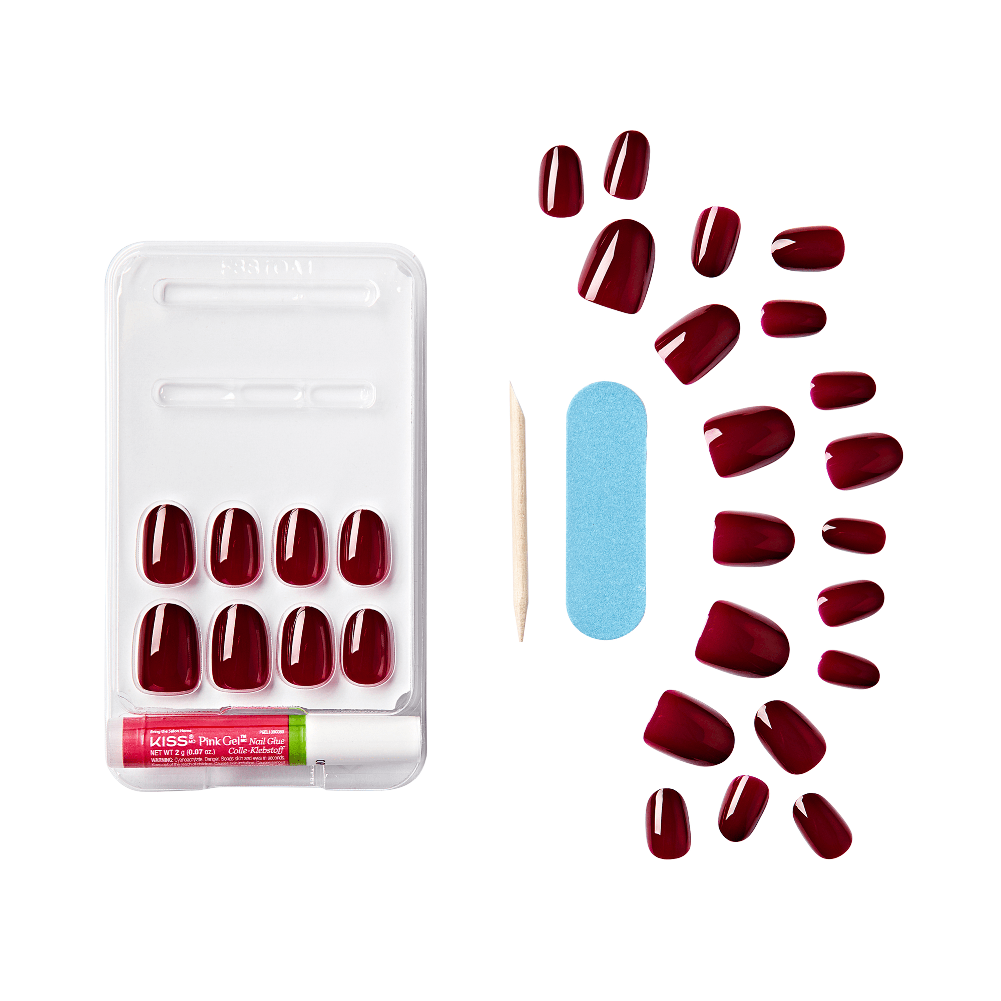 The image shows a set of artificial nails and related accessories. On the left side, there is a white plastic tray containing 12 dark red artificial nails arranged in two rows. Below the nails, there is a small tube of adhesive. On the right side of the image, there are additional dark red artificial nails scattered around, a blue nail file, and a wooden cuticle stick. The items are arranged neatly, suggesting a complete kit for applying artificial nails.