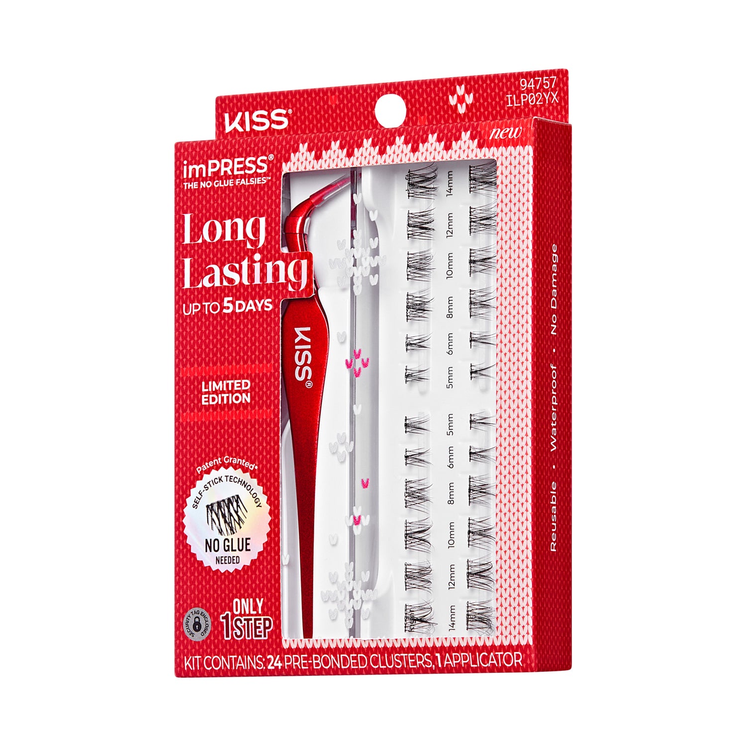 Kiss imPRESS Long Lasting false eyelashes kit with applicator, 24 pre-bonded clusters, no glue needed.