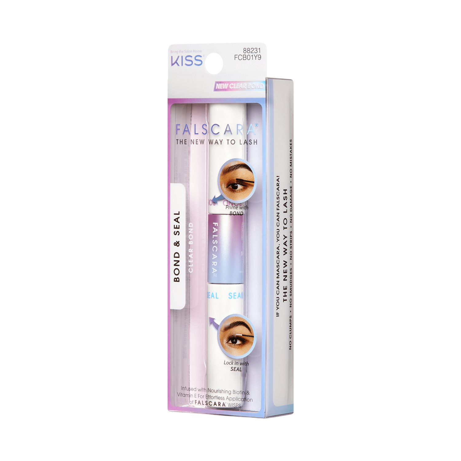 FALSCARA Bond &amp; Seal clear lash adhesive in pink and white tube packaging, labeled \