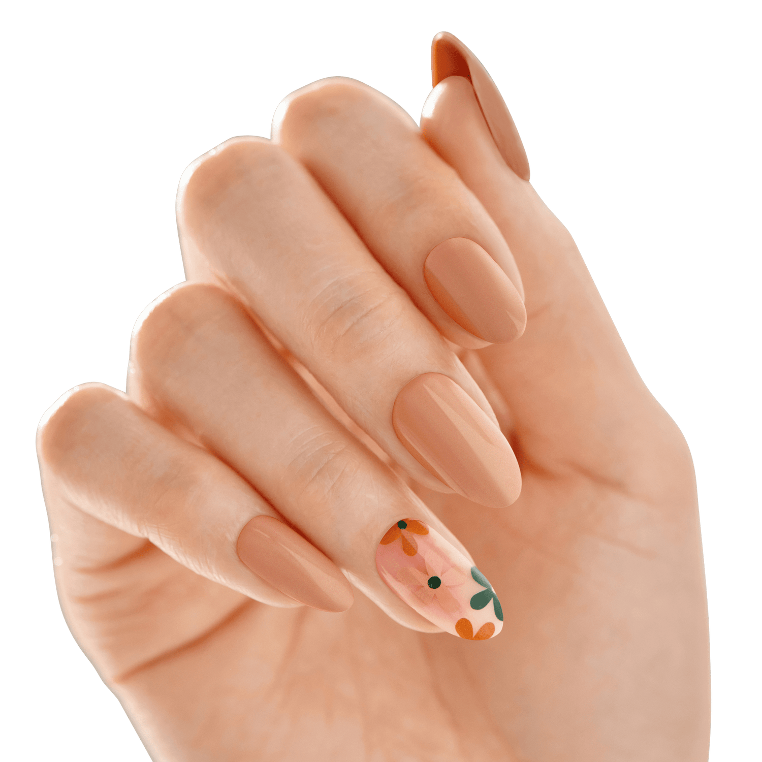 The image shows a close-up of a hand with manicured nails. The nails are almond-shaped and painted in a nude, peachy color. The ring finger features a decorative design with small, colorful flowers in shades of orange, green, and yellow, adding a playful and artistic touch to the otherwise simple and elegant manicure. The background is blurred, keeping the focus on the well-groomed nails.