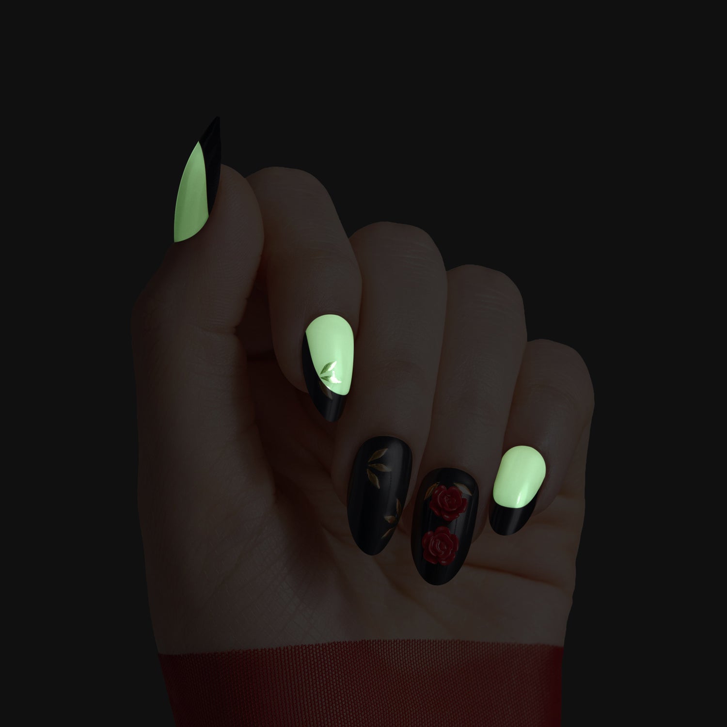 Kiss Haunt Halloween Press On Fake Glue Nails - Drop Dead Gorgeous | French Design, Black &amp; Red, Medium, Almond, Glow In The Dark