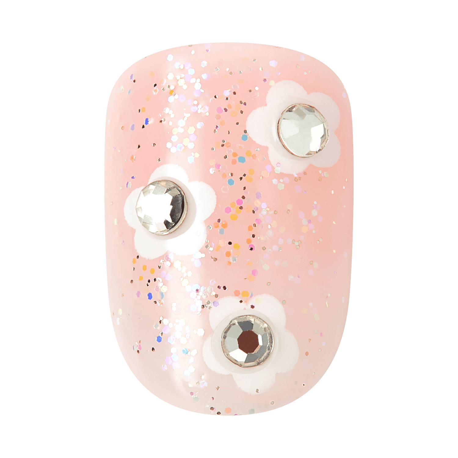 Pink nail polish with white flower studs and multicolor glitter accents