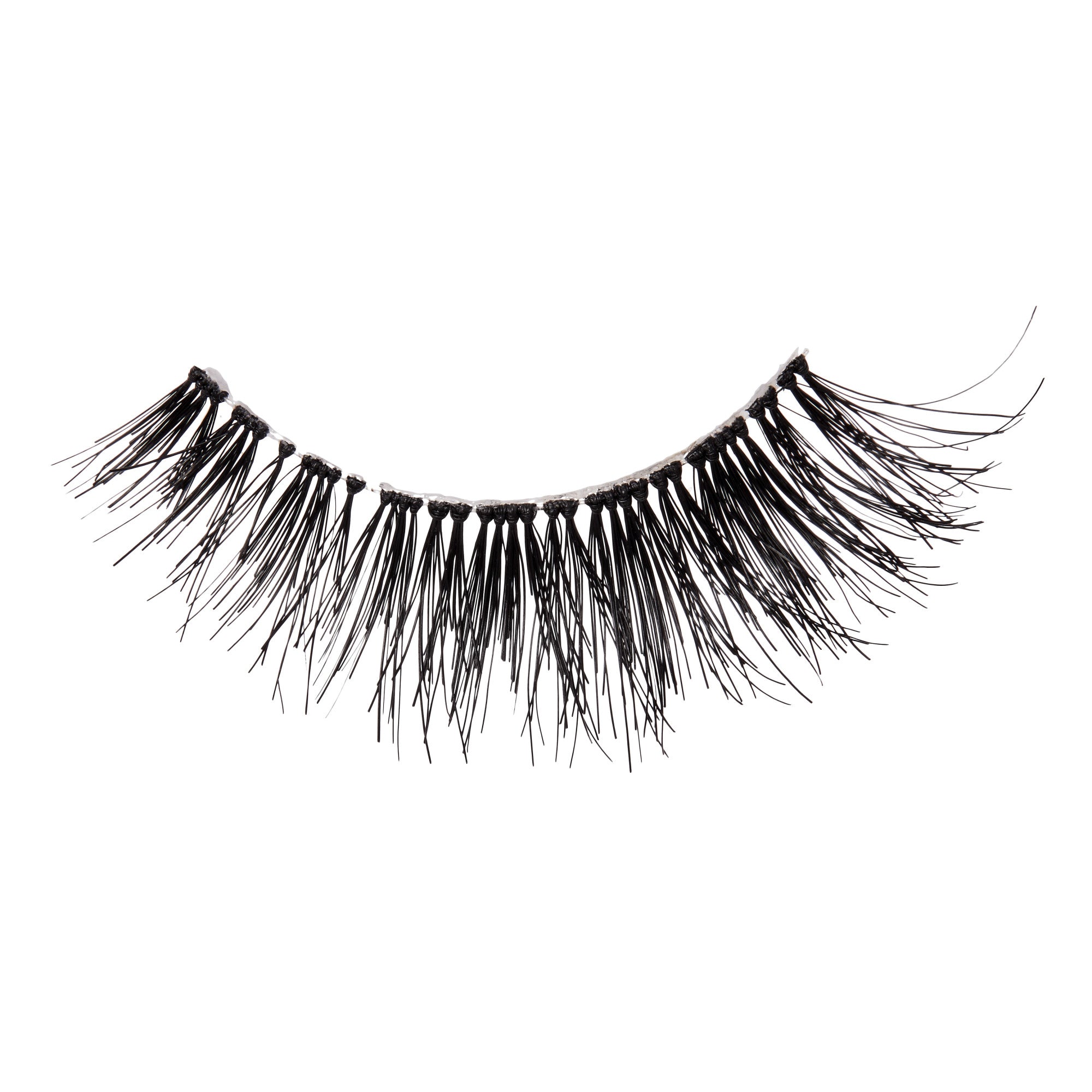 Single black false eyelash with a wispy, spaced-out design, displayed on a white background.