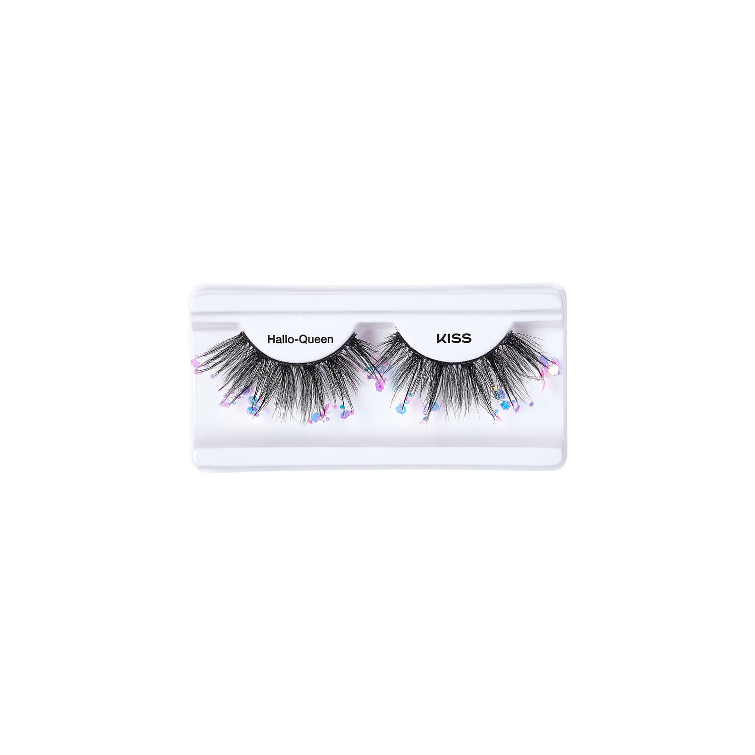 The image shows a pair of false eyelashes in a clear plastic case. The eyelashes are labeled "Hallo-Queen" and are from the brand "KISS." The lashes are black and have colorful, iridescent accents at the tips, giving them a festive and eye-catching appearance. The packaging is simple and transparent, allowing the design of the eyelashes to be clearly visible.