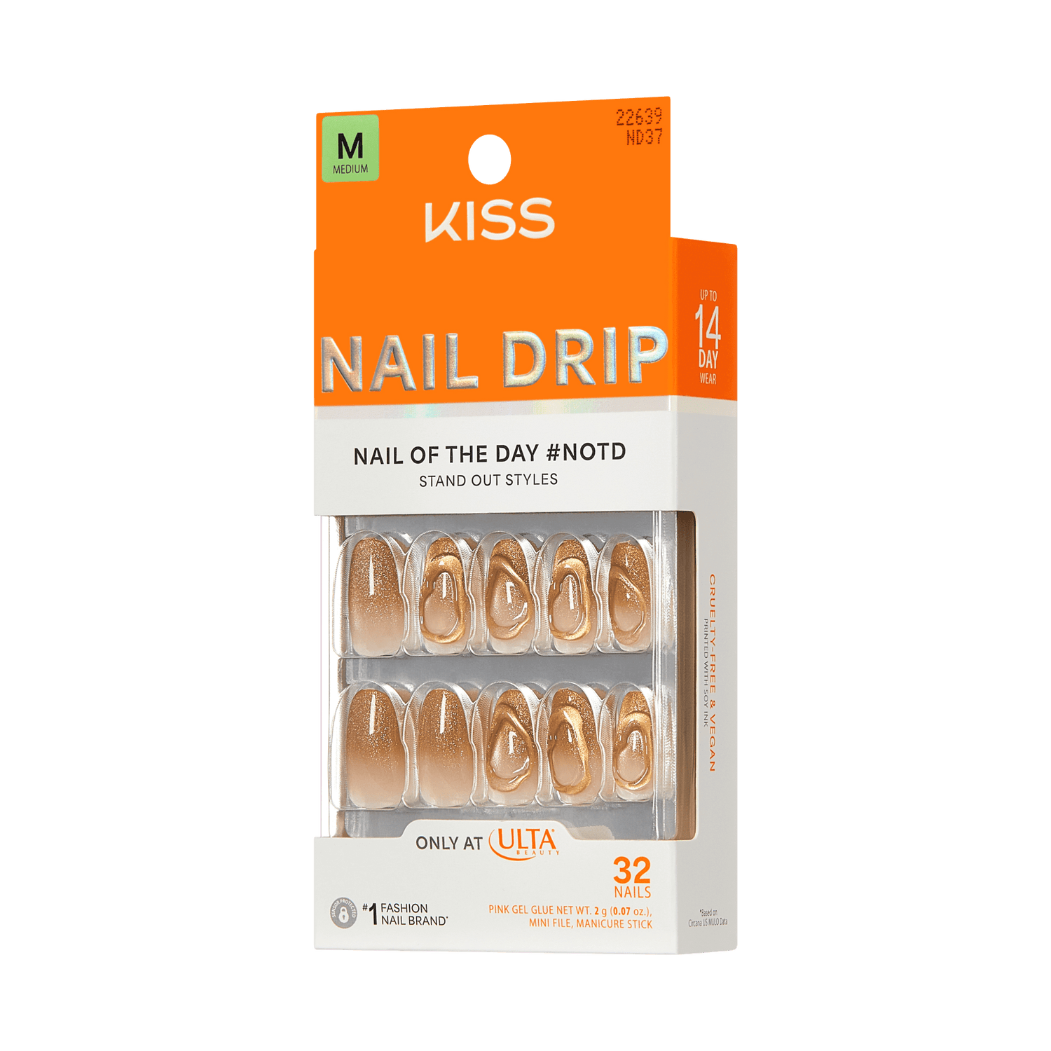 KISS Nail Drip medium false nails, gold swirl design, 32-piece set with glue.