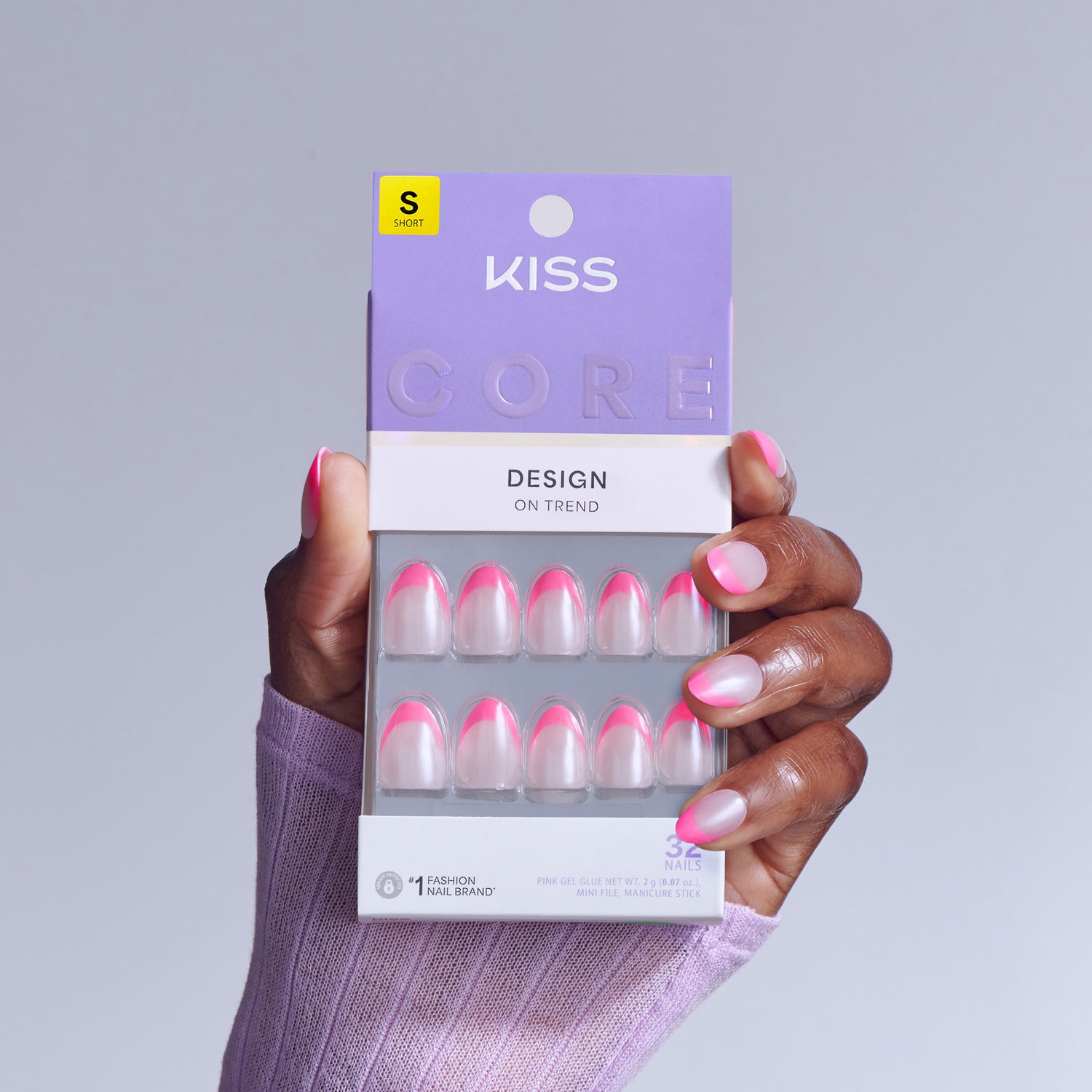 KISS Core Design On Trend press-on nails in pink and white ombre style, size short.